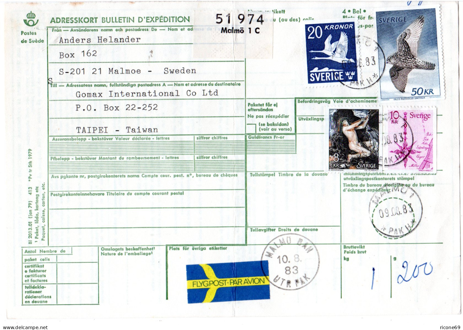 Schweden 1983, 50+20+10+8 Kr. Auf Luftpost Paketkarte V. Malmö N. Taiwan - Cartas & Documentos