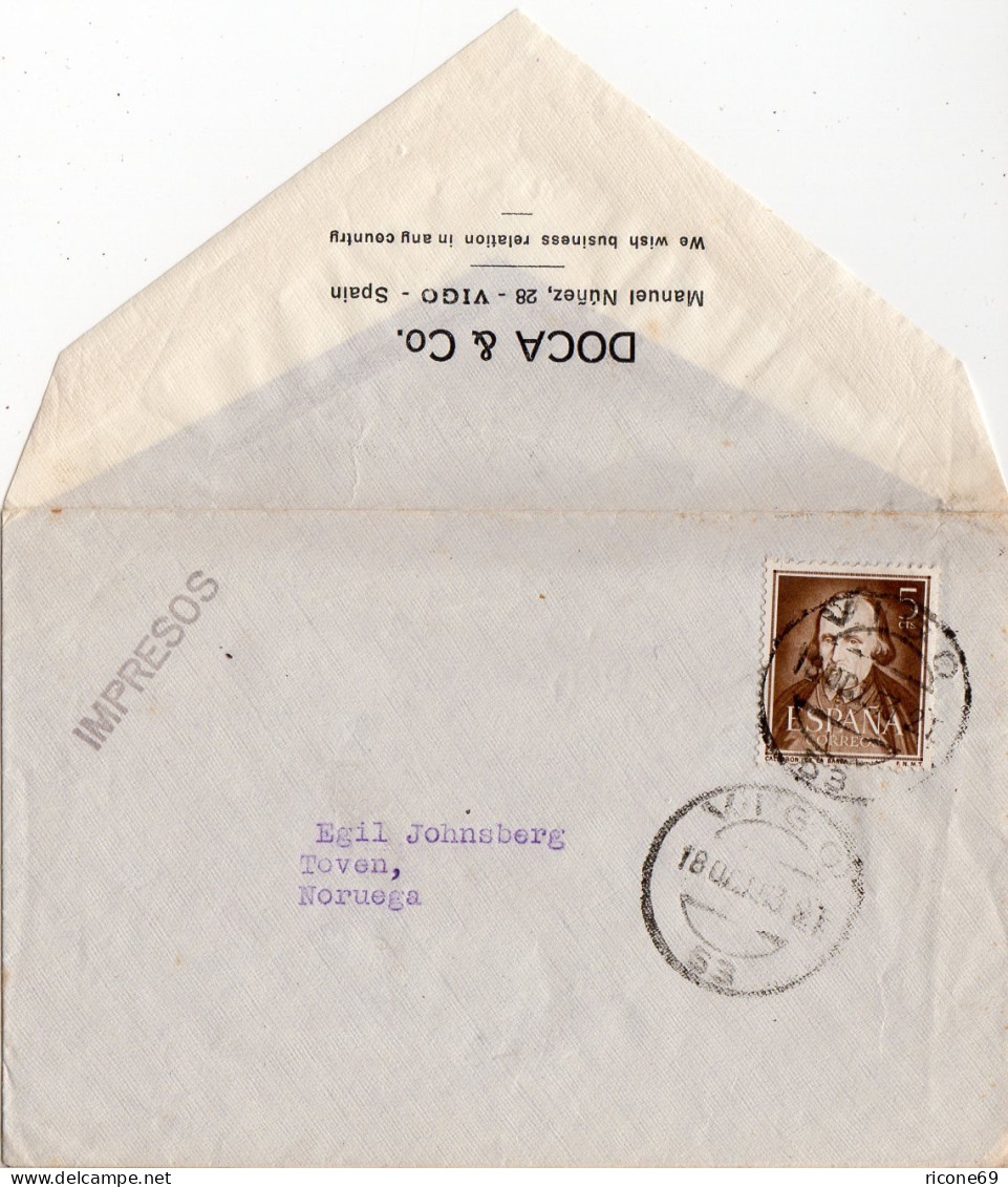 Spanien 1953, 5 C. Auf Drucksachen Umschlag V. VIGO N. Norwegen - Storia Postale