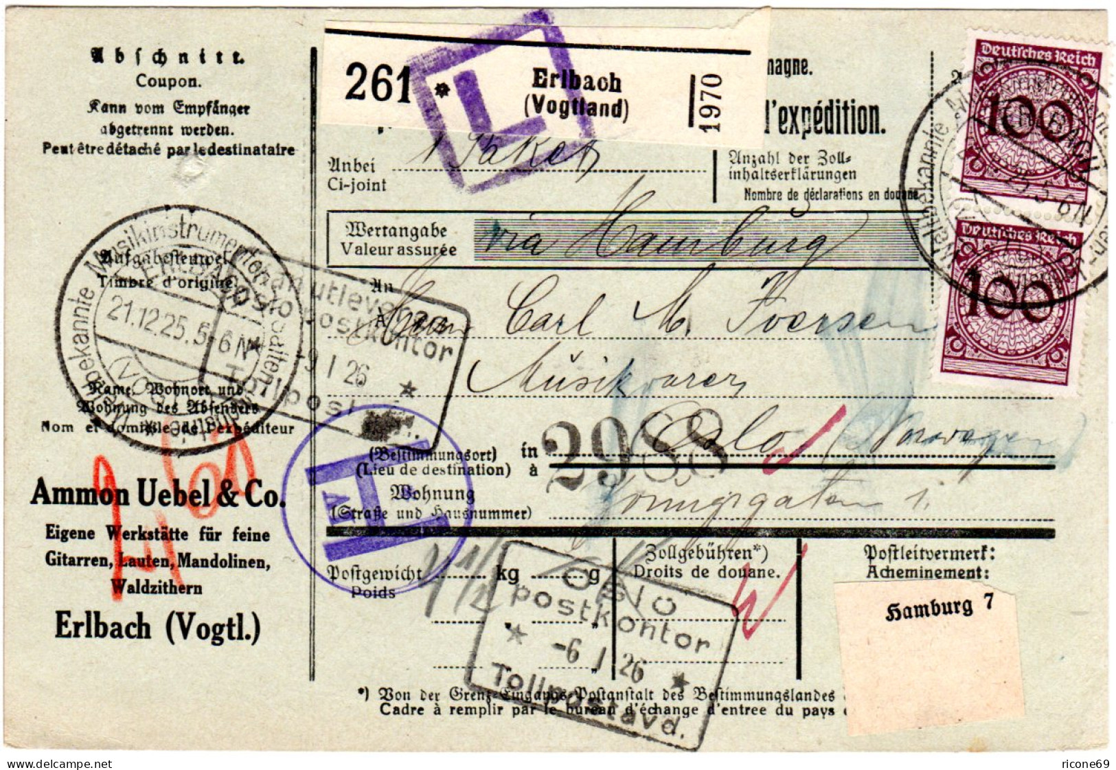 DR 1925, 2x100+rs. Paar 30 Pf. Auf Paketkarte V. Erlbach I. Vogtland N. Norwegen - Cartas & Documentos