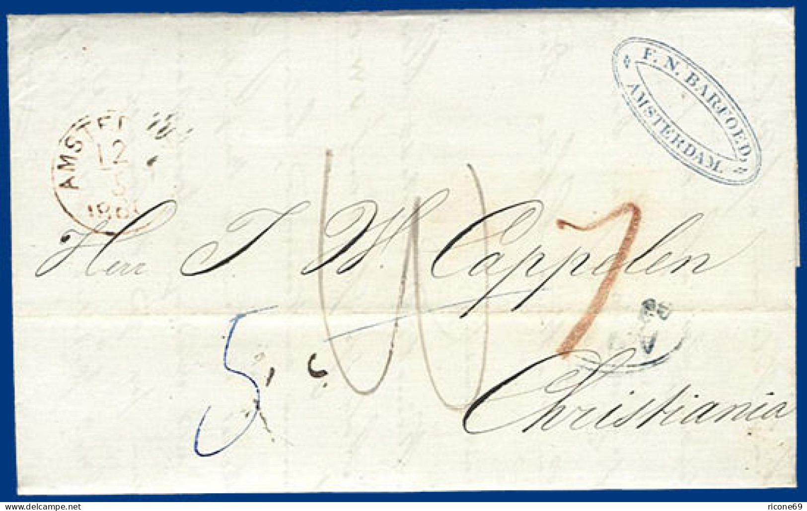 Niederlande 1860, Porto Brief V. Amsterdam N. Norwegen Via Hamburg. #S339 - Sonstige & Ohne Zuordnung