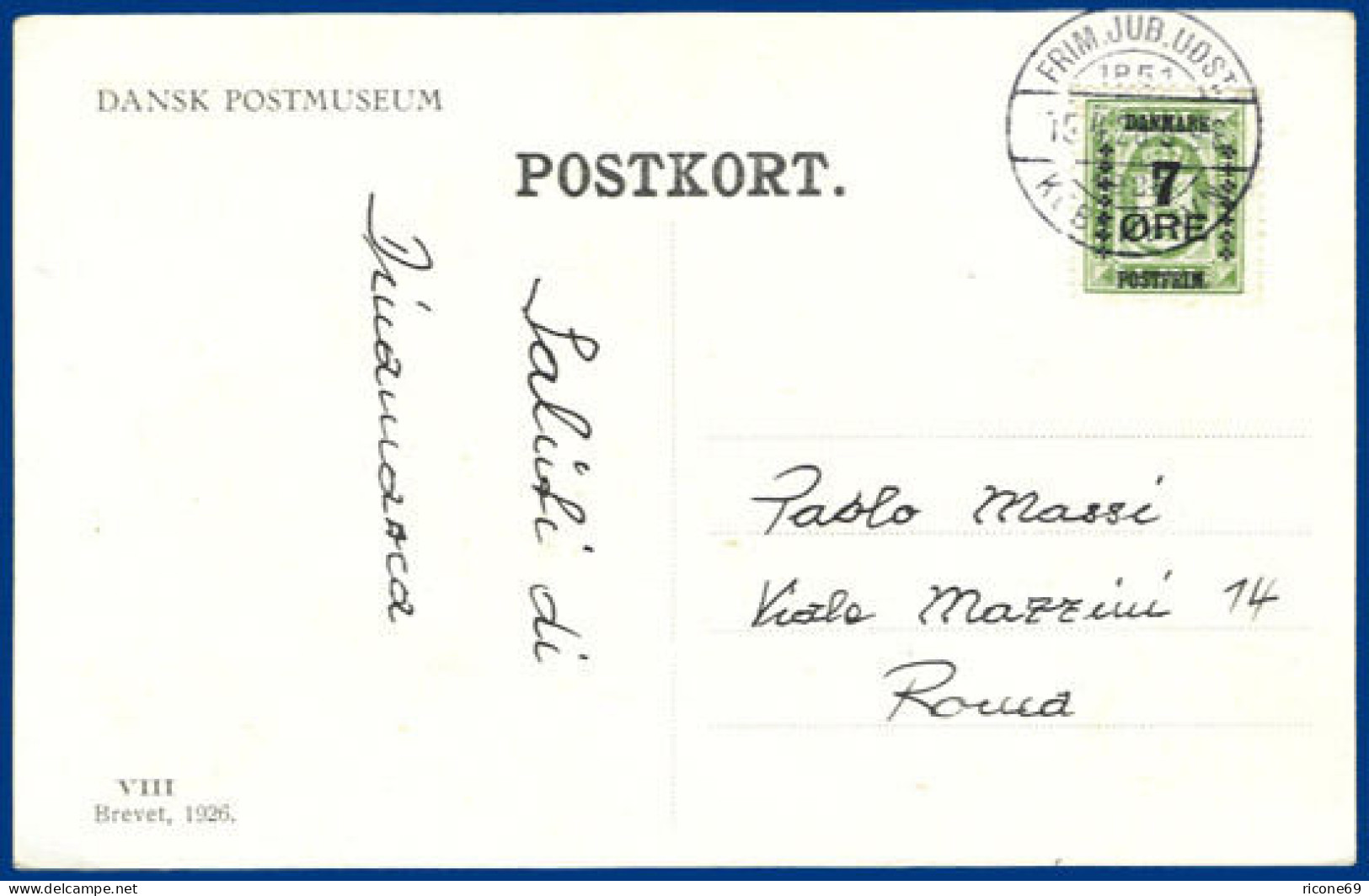 Dänemark 1926, 7 öre-Provisorium Auf Auslandskarte N. Italien (Facit 2000).#S177 - Sonstige & Ohne Zuordnung