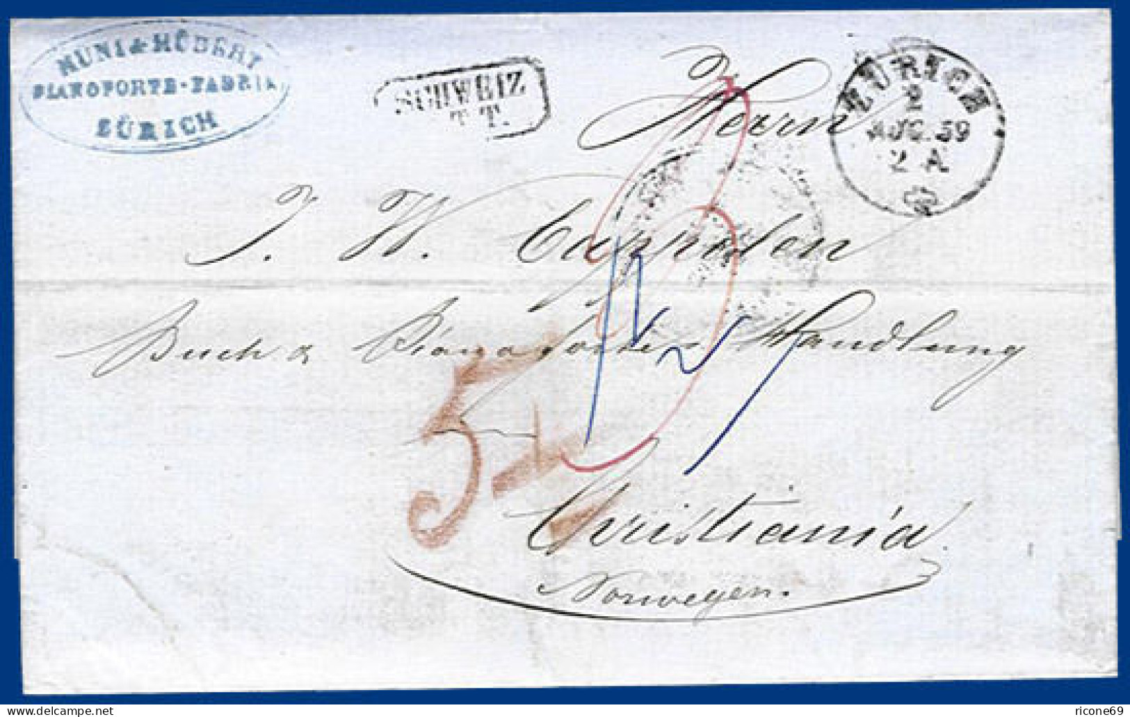 Schweiz 1859, Portobrief V. Zürich N. Norwegen Via Taxis U. Hamburg. #S336 - Cartas & Documentos