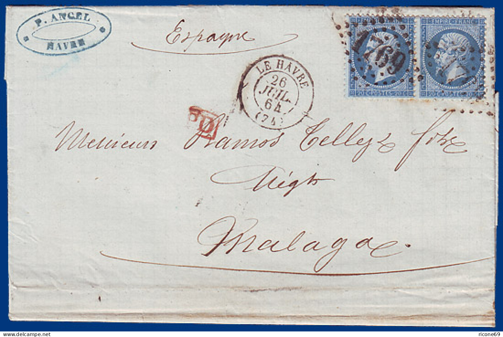 Frankreich 1864, Brief M. Paar 20 C. V. Le Havre N. Malaga Spanien. #S759 - Andere & Zonder Classificatie