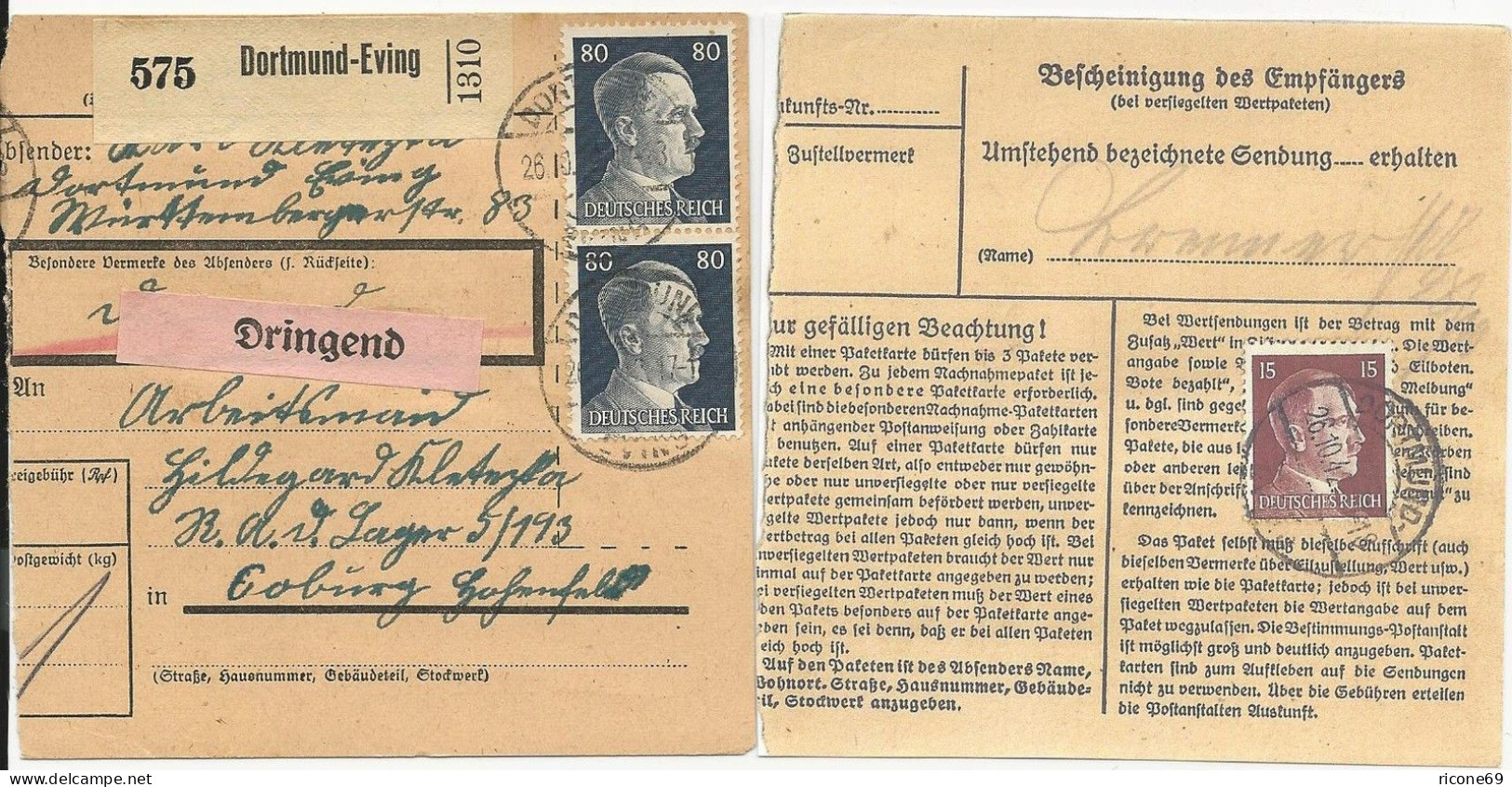 DR 1942, Paketkarte V. Dortmund Eving M. 3 Marken U. Dringend. #2891 - Briefe U. Dokumente