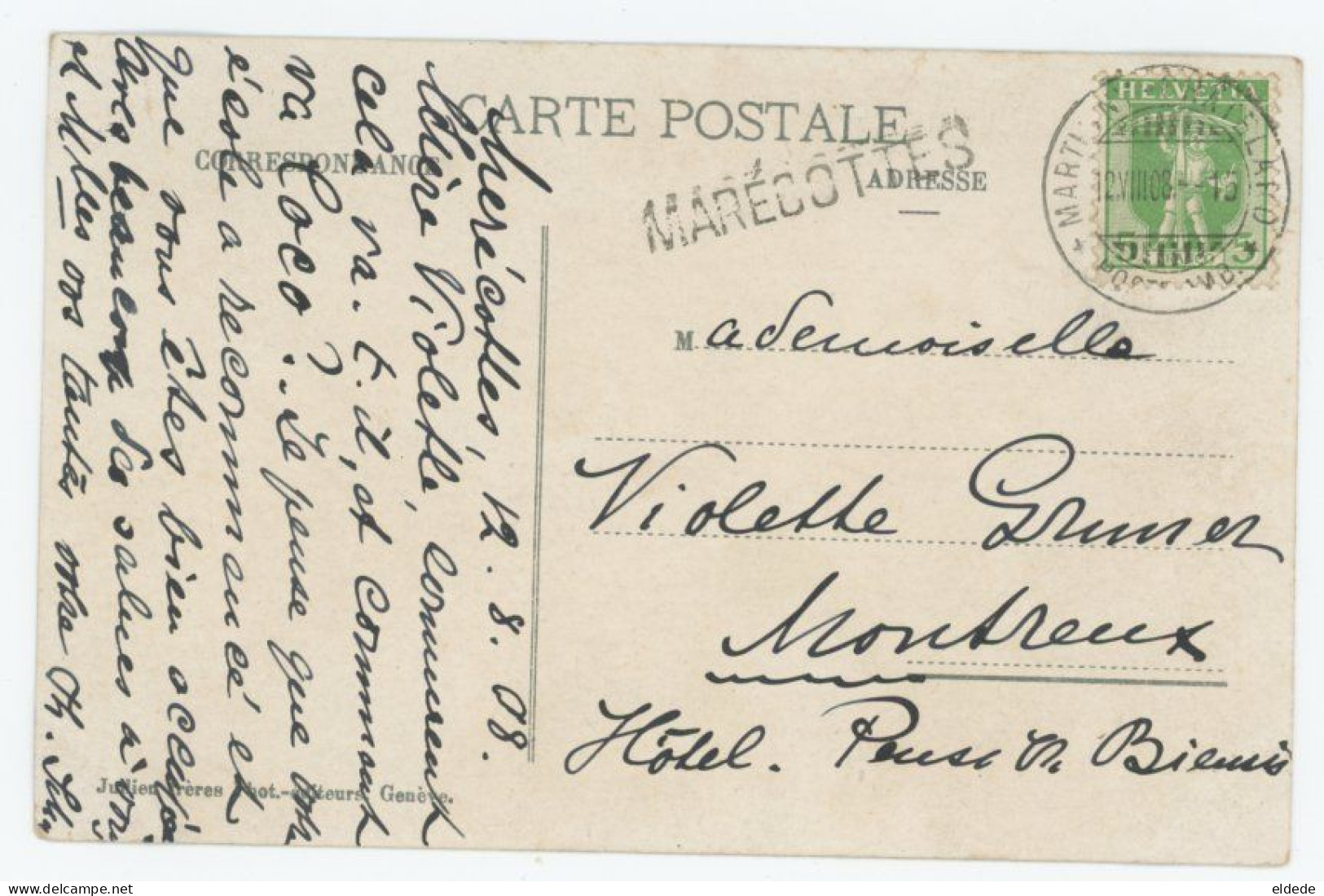 Cachet Marecottes Cachet Martigny Chatelard Train ? Veers Bruner Hotel Biensis Montreux Benediction JJ 3151 - Sonstige & Ohne Zuordnung