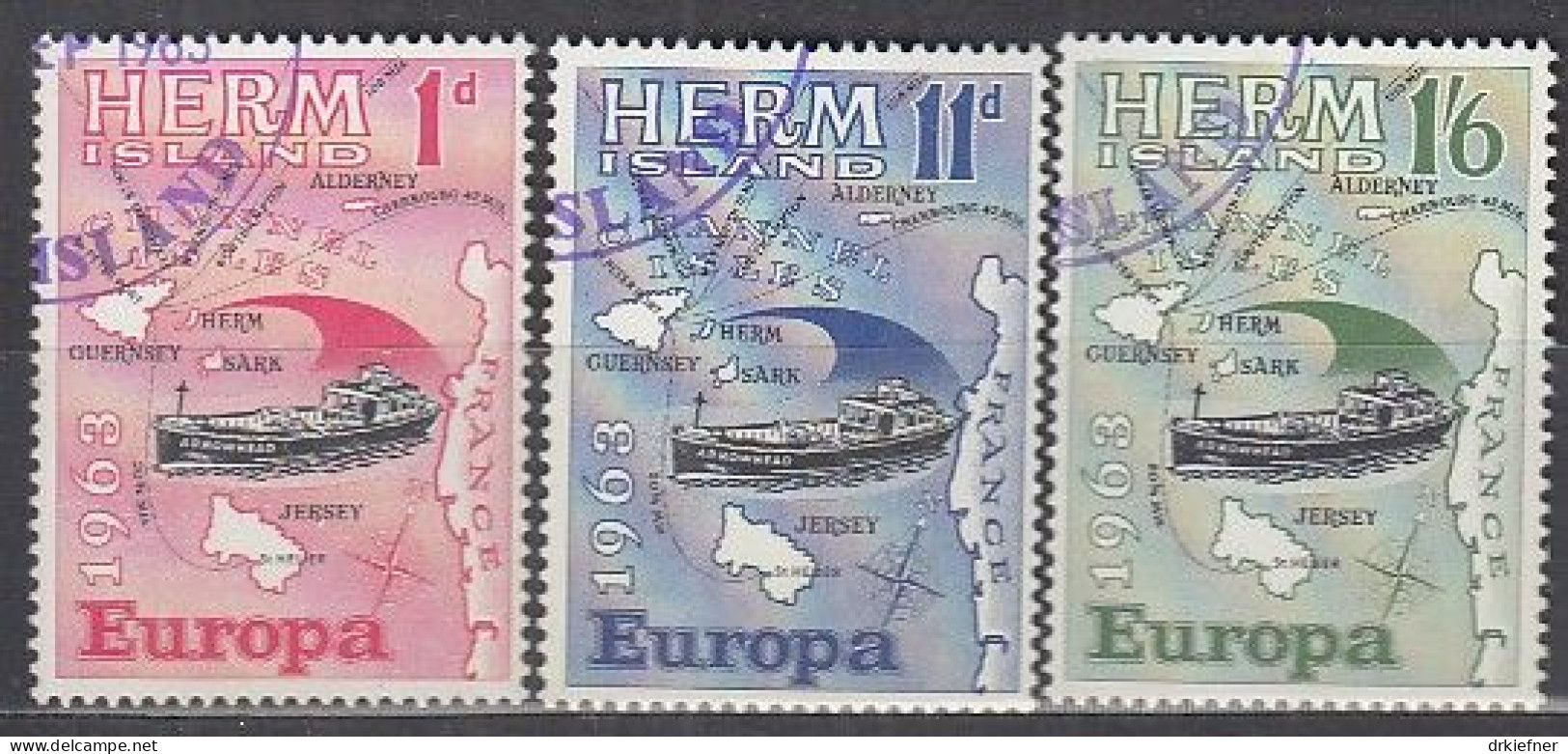 INSEL HERM (Guernsey), Nichtamtl. Briefmarken, 3 Marken, Gestempelt, Europa 1963, Landkarte, Schiff - Guernesey