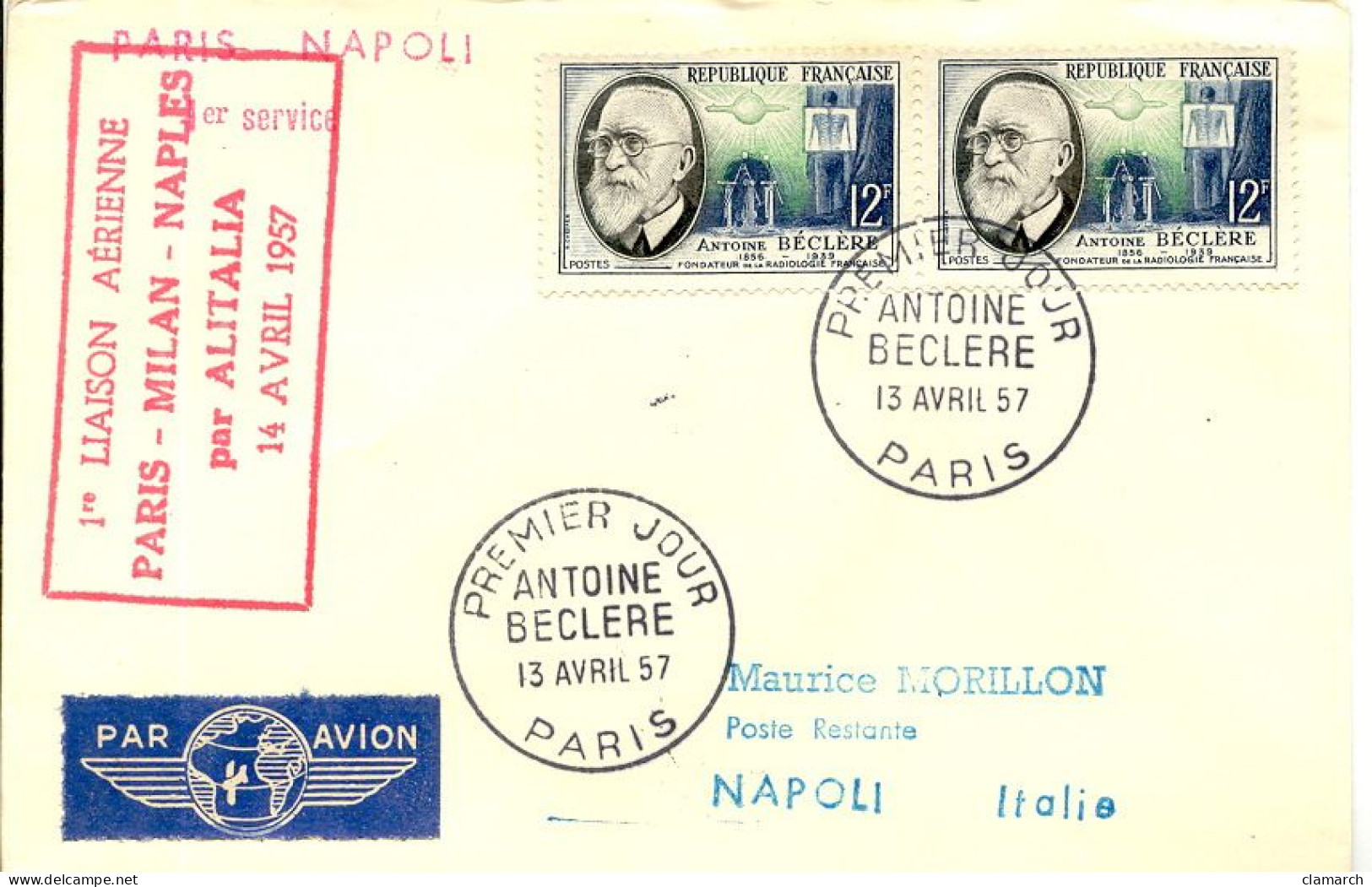 Aérophilatélie-1ère Liaison Aérienne PARIS-MILAN-NAPLES Par Alitalia 14 Avril 1957-cachet De Paris Du 13.04.57 - Erst- U. Sonderflugbriefe