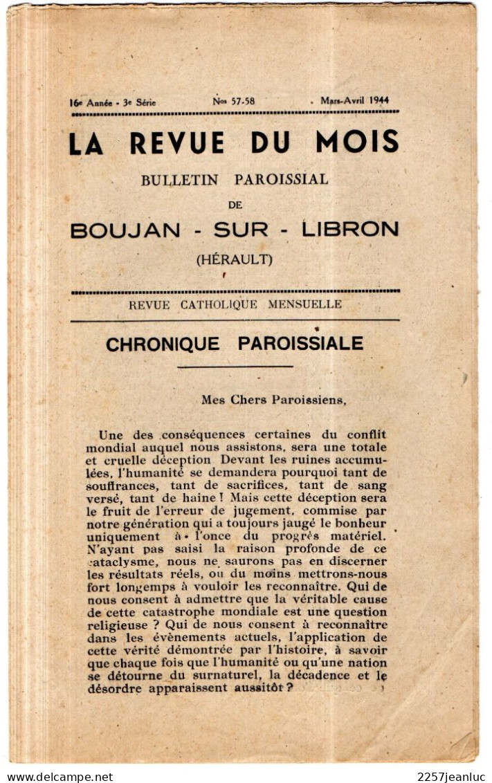 Bulletin  Paroissial De Boujan Sur Libron  La Revue Du Mois De Mars Avril  1944 .n 57/58 De 16 Pages - Historische Dokumente