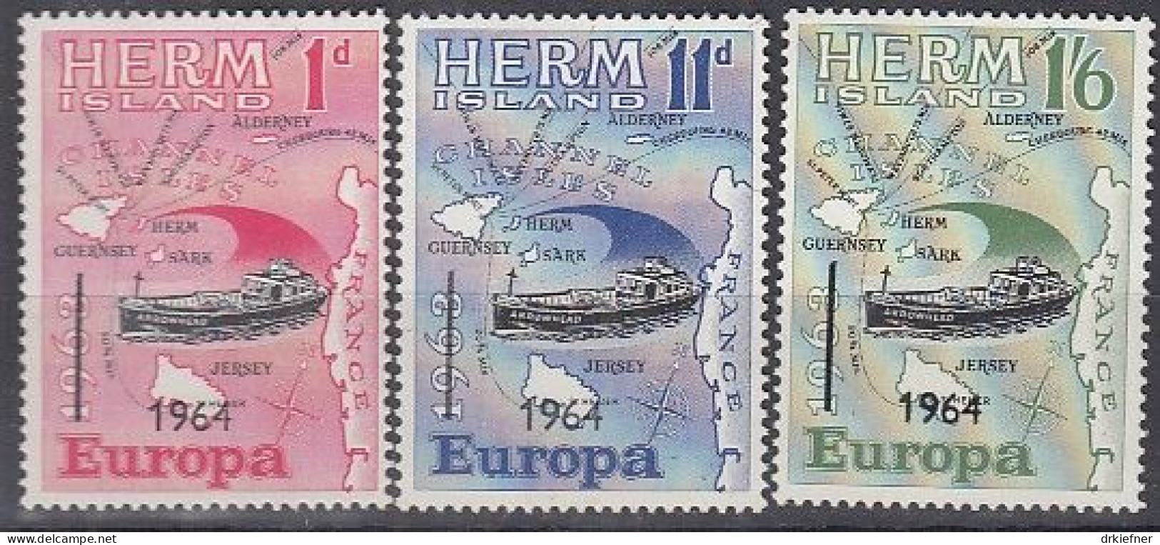 INSEL HERM (Guernsey), Nichtamtl. Briefmarken, 3 Marken, Ungebraucht **, Europa 1964, Landkarte, Schiff - Guernesey