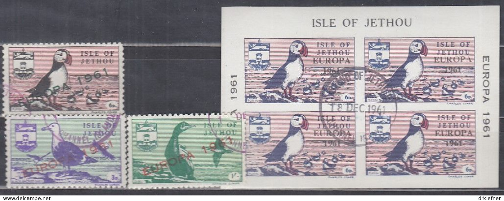 INSEL JETHOU (Guernsey), Nichtamtl. Briefmarken, 1 Block + 3 Marken, Gestempelt, Europa 1961, Vögel - Guernsey