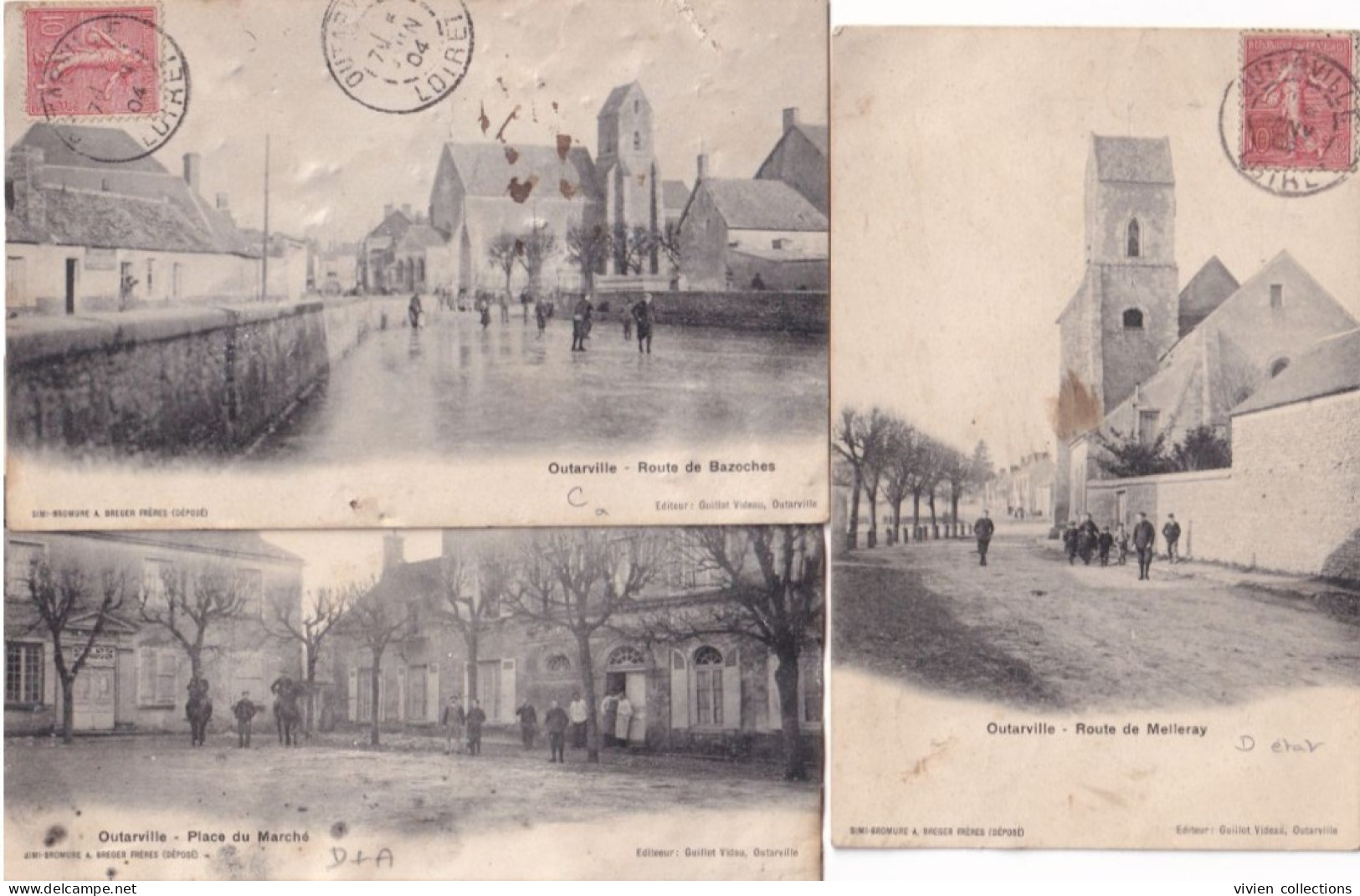 Outarville (45 Loiret) Lot De 3 Cartes "en L'état" Place Du Marché Et Routes De Melleray Et De Bazoches - édit. Videau - Sonstige & Ohne Zuordnung