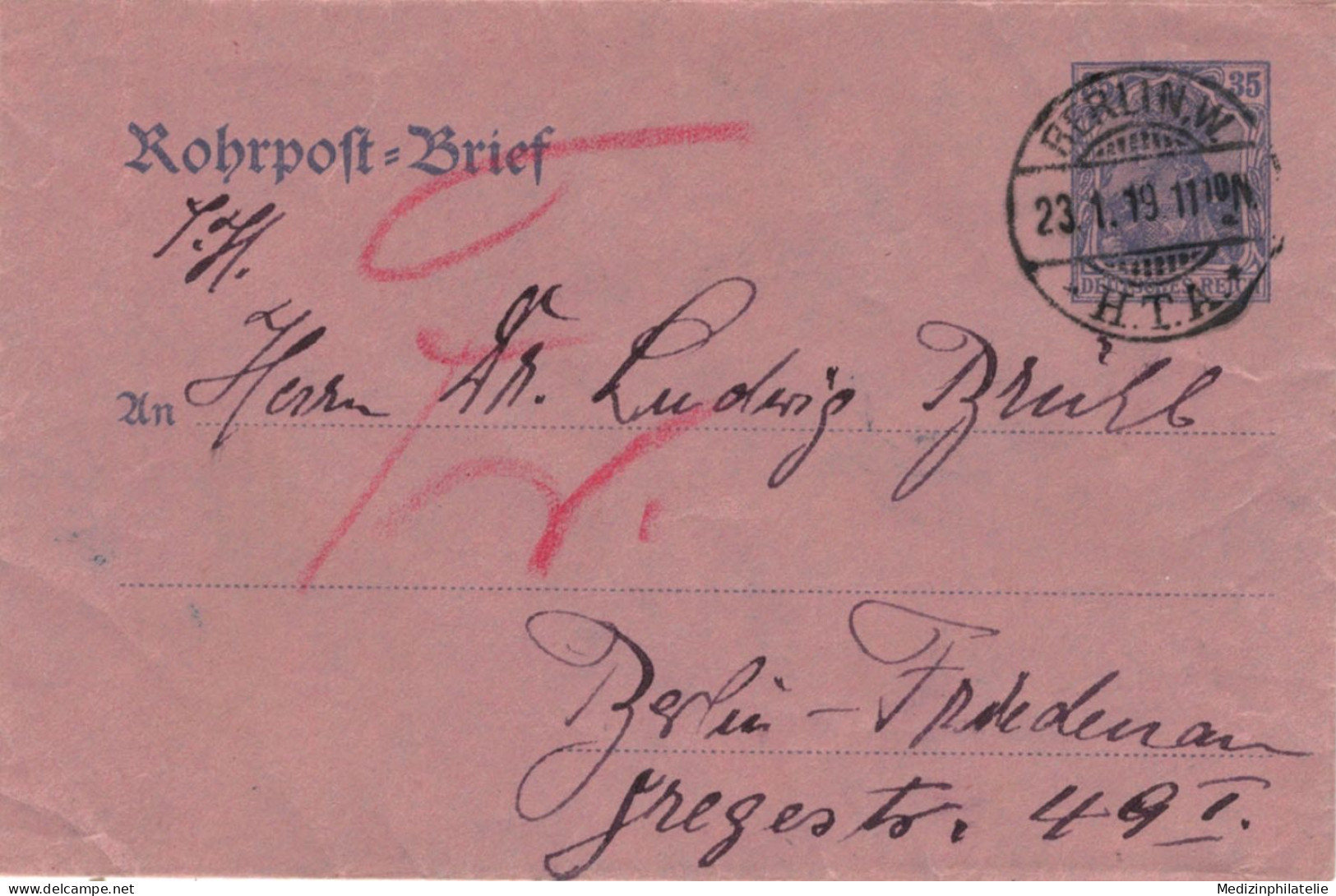 Rohrpost-Brief 35 Pf. Germania - Berlin HTA 23.1.1919 11:10 > Friedenau - Buste