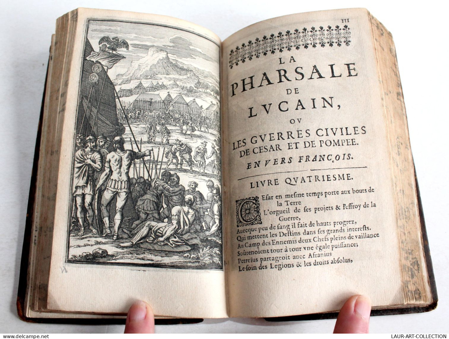 PHARSALE DE LUCAIN OU GUERRES CIVILES CESAR ET POMPEE DE BREBEUF 1657 RARE CARTE COULEUR, LIVRE XVIIe SIECLE (2204.4)
