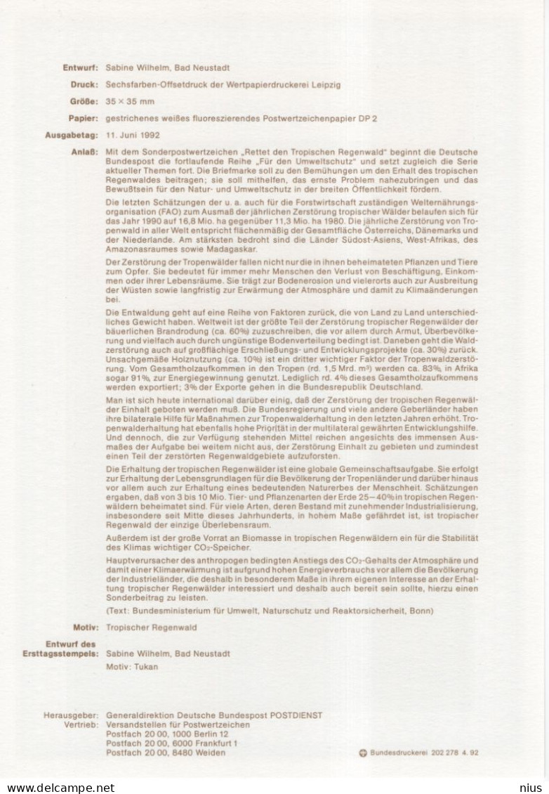 Germany Deutschland 1992-22 Umweltschutz Tropischen Regenwald, Protection Tropical Rainforest, Canceled In Bonn - 1991-2000