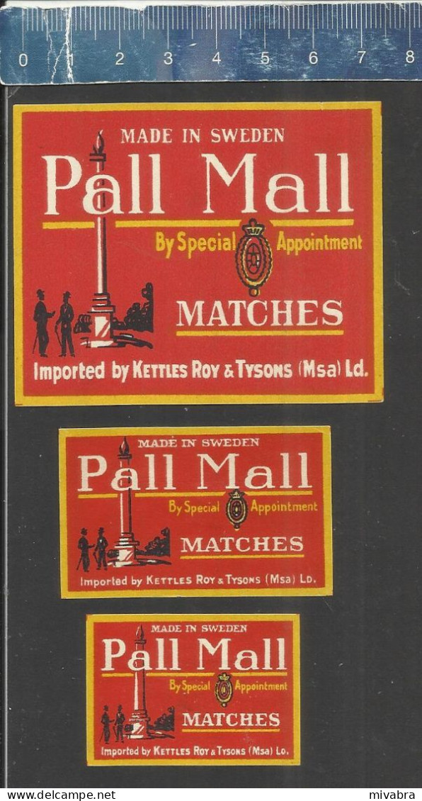 PALL MALL MATCHES IMPORTED BY KETTLES ROY & TYSONS - OLD VINTAGE EXPORT MATCHBOX LABELS MADE IN SWEDEN - Matchbox Labels