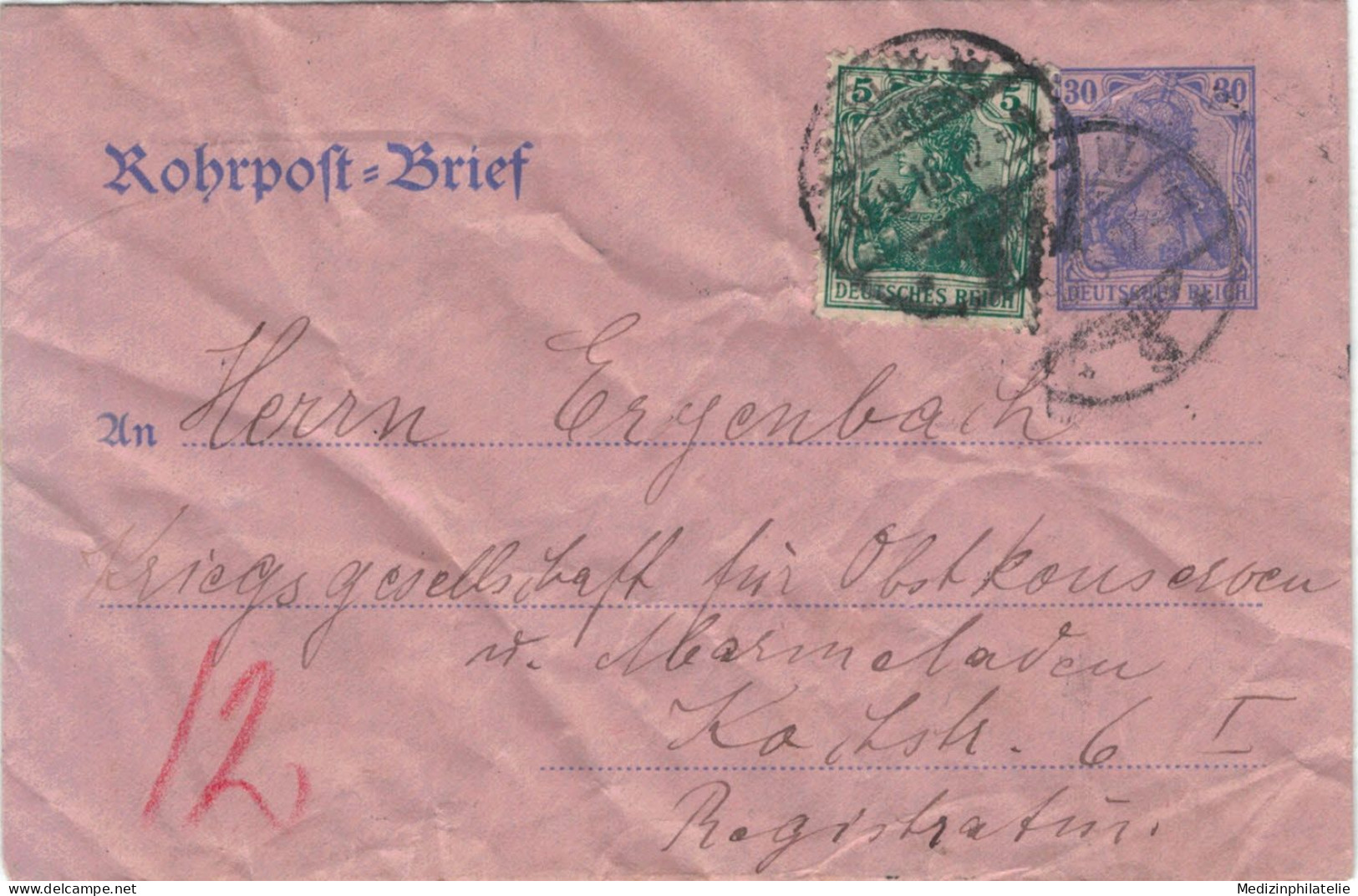 Rohrpost-Brief 30 Pf. Germania - Berlin 30.9.1916 > Kriegsgesellschaft Für Konserven Berlin 12 12:40 - Buste