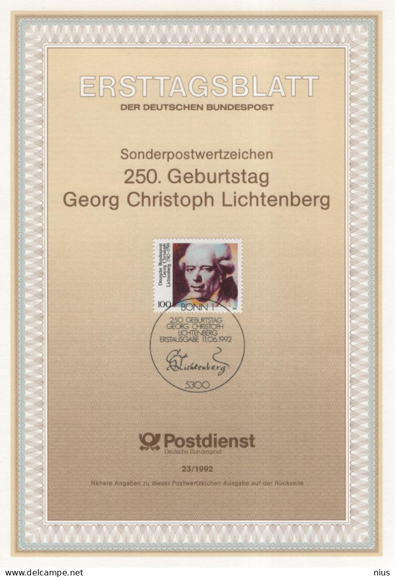 Germany Deutschland 1992-23 Georg Christoph Lichtenberg, German Physicist, Satirist, Canceled In Bonn - 1991-2000