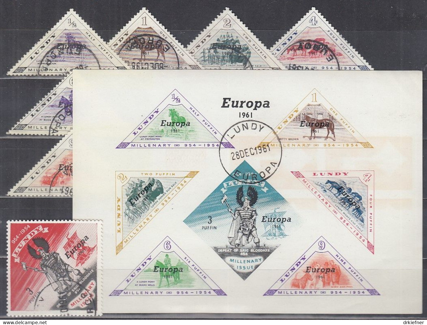 INSEL LUNDY (Wales), Nichtamtl. Briefmarken, 1 Block + 7 Marken, Gestempelt, Europa 1961, Pferde, Wikinger - Galles