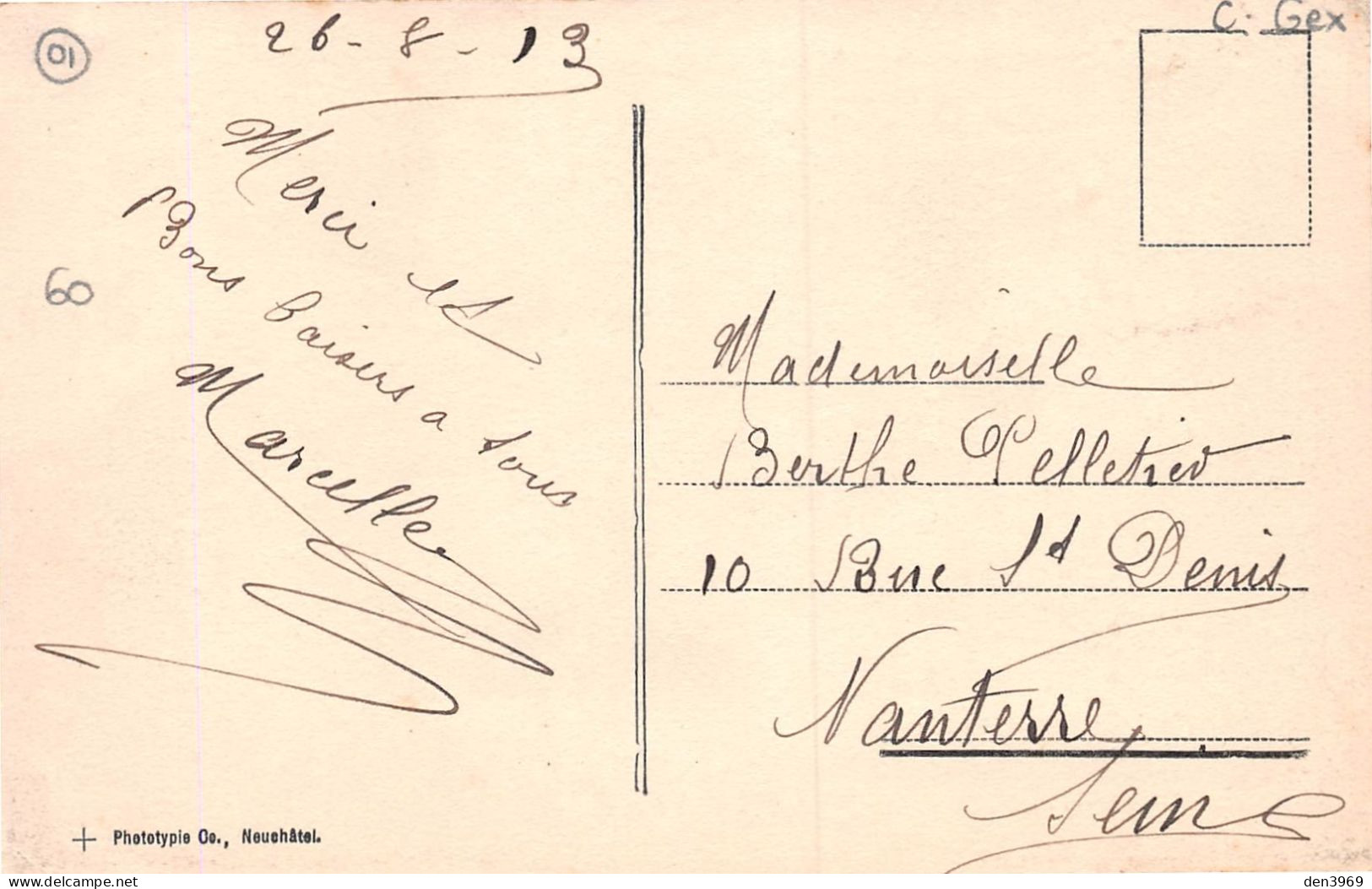 DIVONNE-les-BAINS (Ain) - Arrivée Du Train De France - Voyagé 1913 (2 Scans) Berthe Pelletier, 10 R St-Denis à Nanterre - Divonne Les Bains