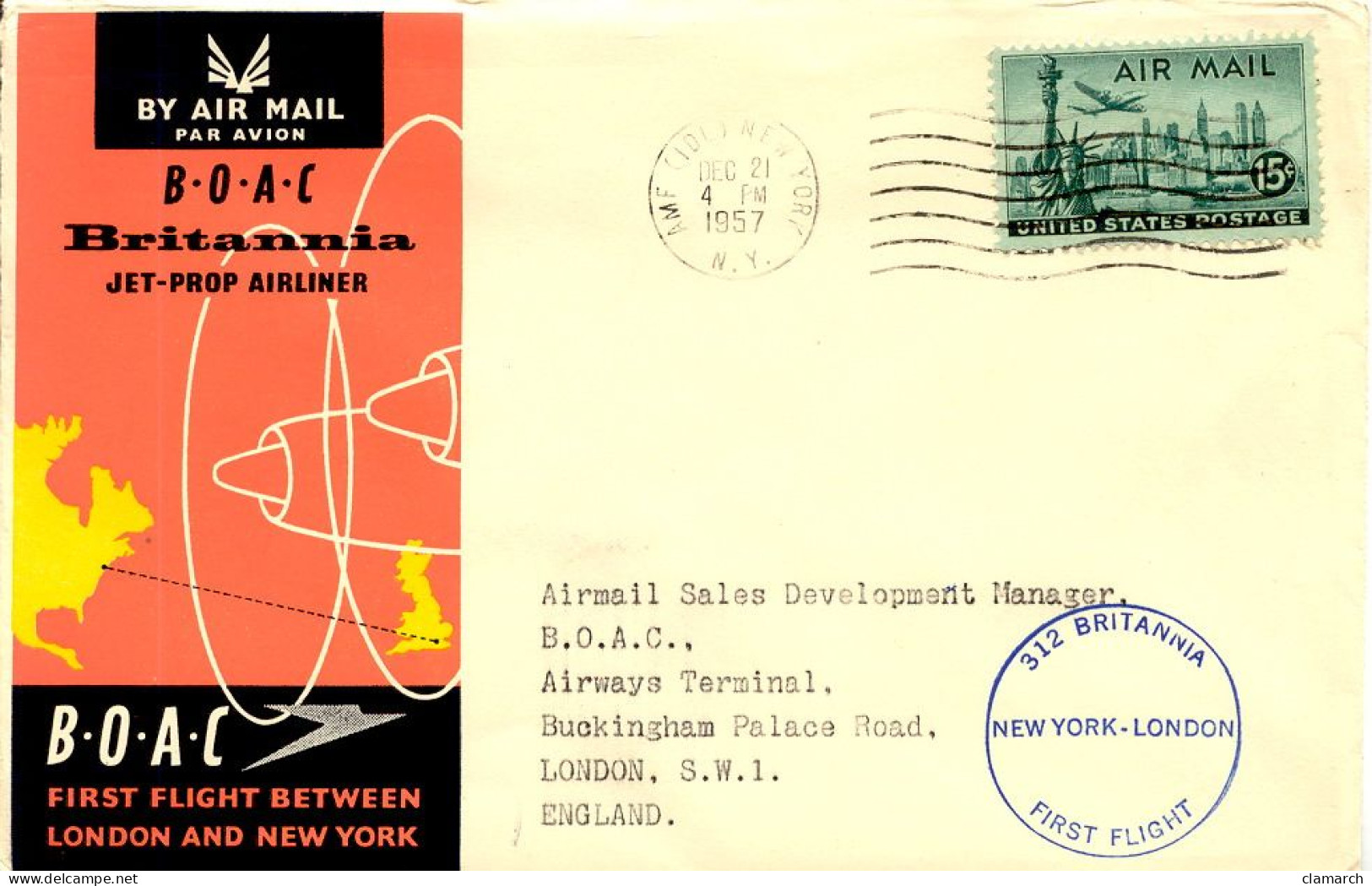 Aérophilatélie-BOAC First Flight Between NEW YORK And LONDON-cachet De New York Du 21.12.57 - Erst- U. Sonderflugbriefe