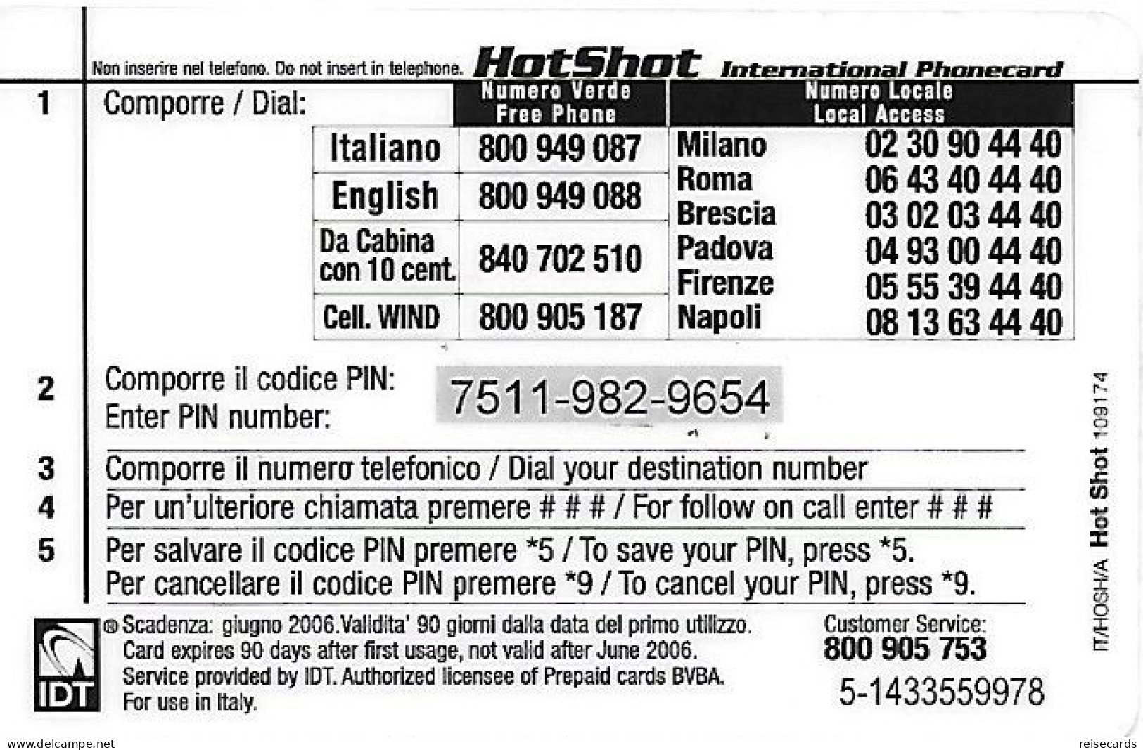 Italy: Prepaid IDT - Hot Shot 06.06 - Cartes GSM Prépayées & Recharges