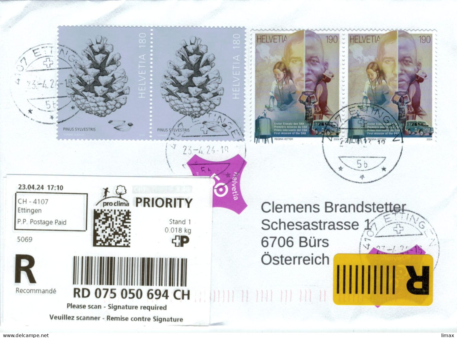 Reko 4107 Ettingen 2024 Föhrenzapfen Pinus Sylvestris - Erster Einsatz Schweizerischen Korps Für Humanitäre Hilfe - Storia Postale