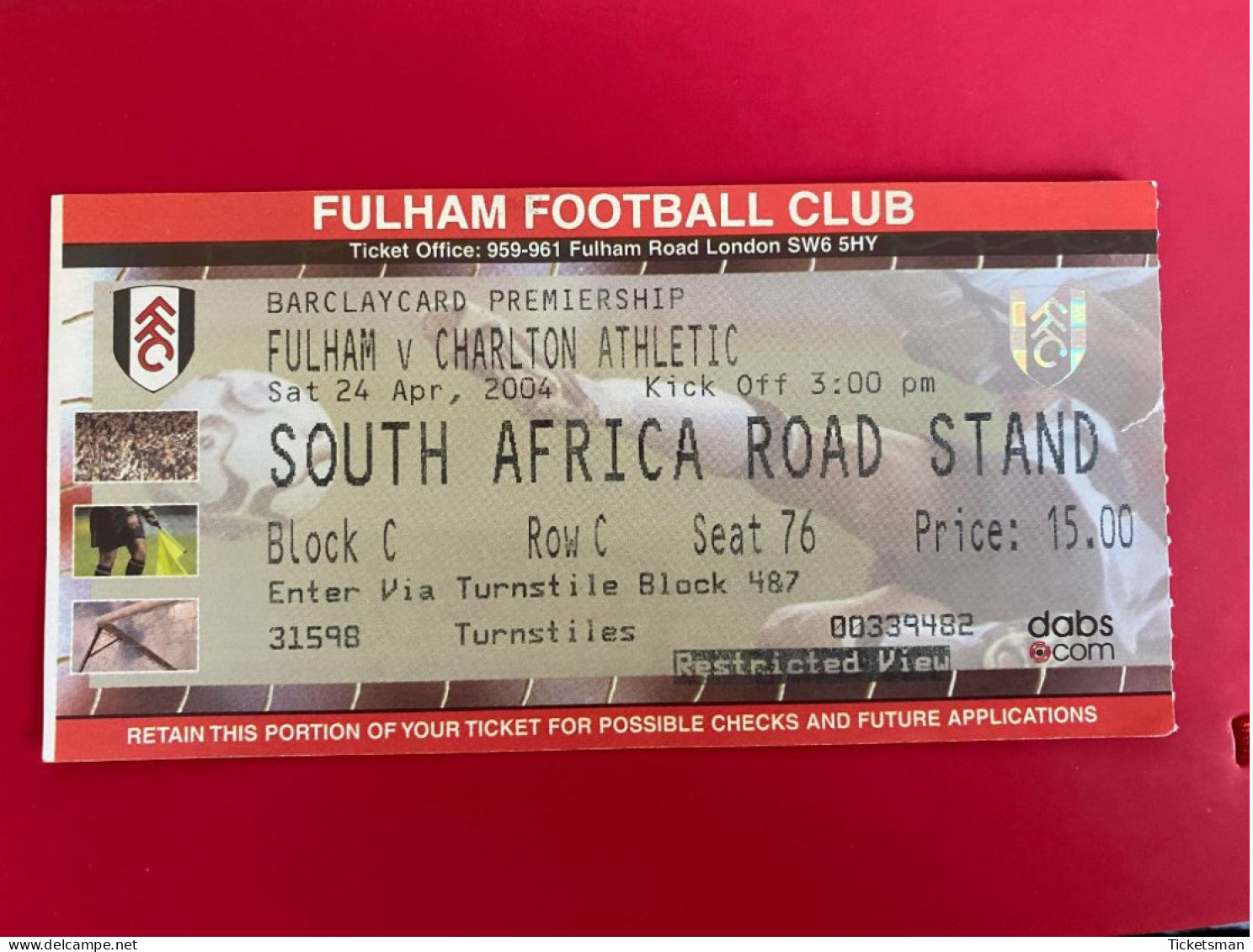 Football Ticket Billet Jegy Biglietto Eintrittskarte Fulham FC - Charlton Athletic 24/04/2004 - Tickets - Vouchers