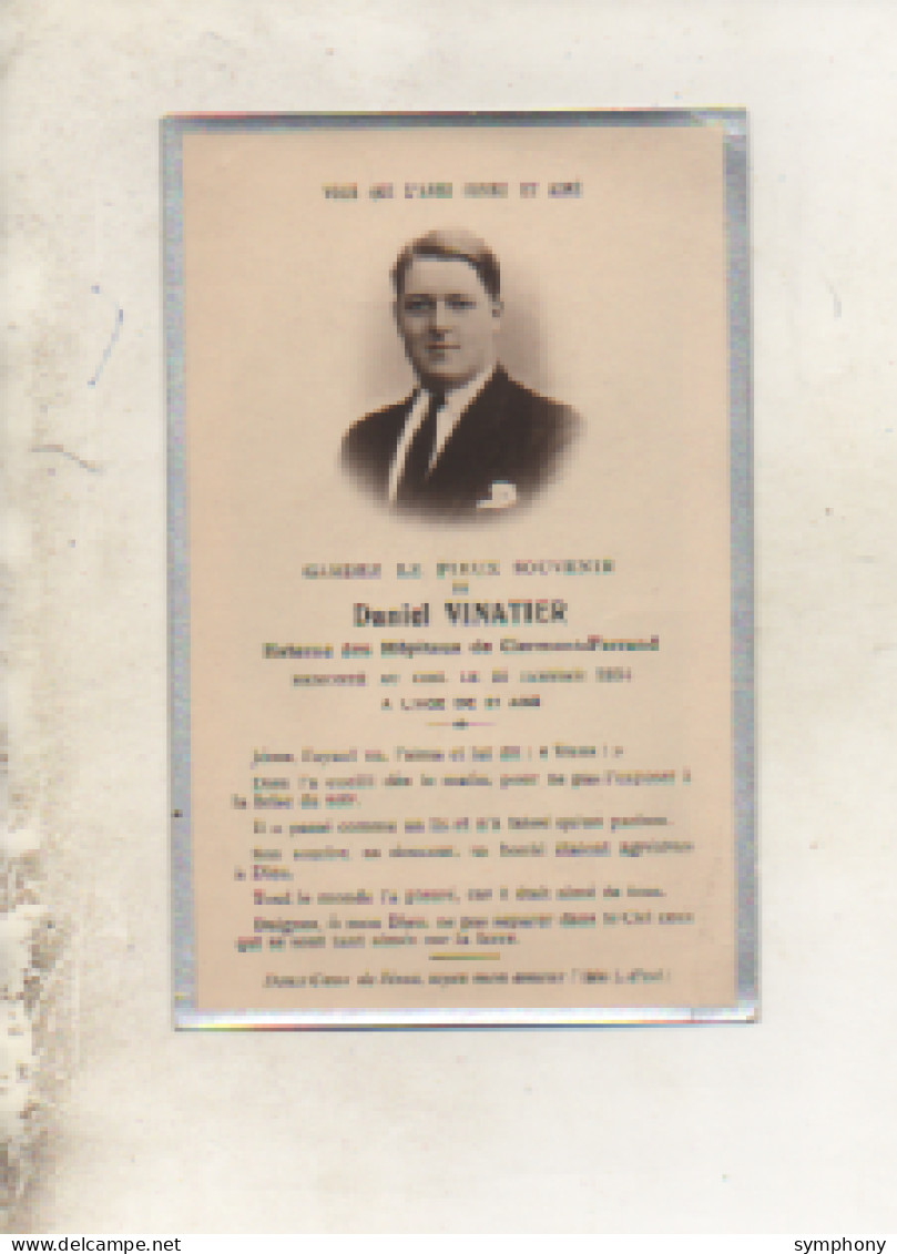 Carte Décés - Gardez Pieu Souvenir - Daniel VINATIER - Externe Hopitaux Clermont Ferrand - 21 Ans - 1934 - - Obituary Notices