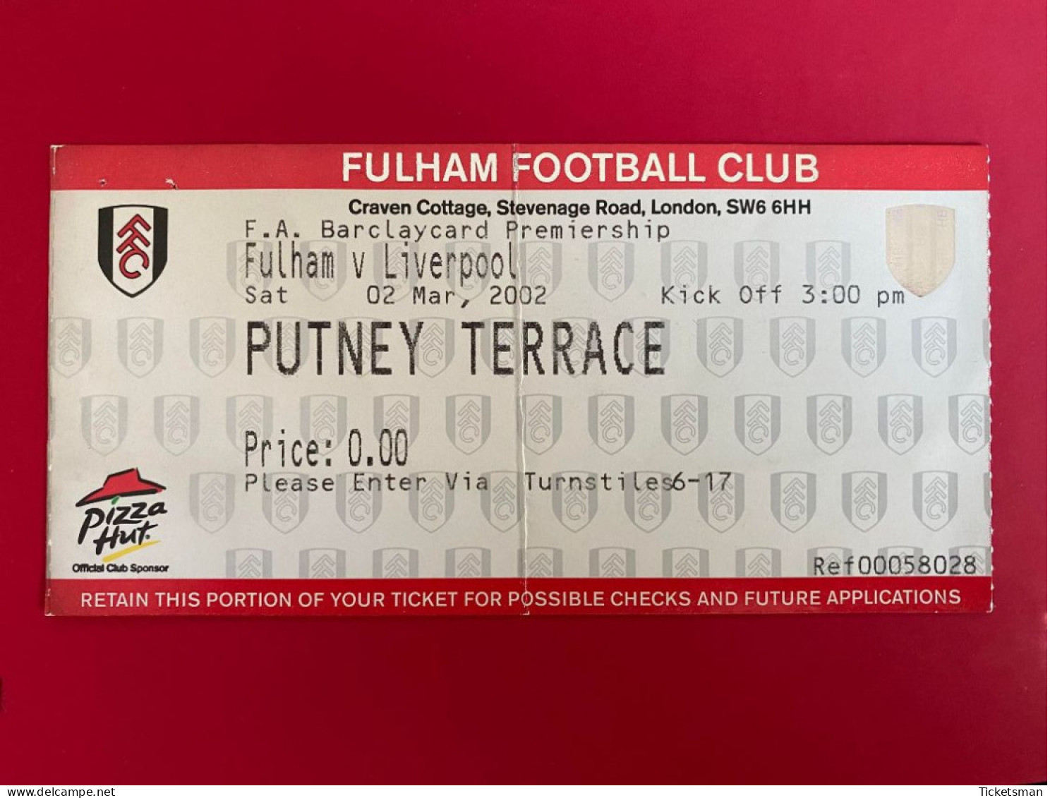 Football Ticket Billet Jegy Biglietto Eintrittskarte Fulham FC - Liverpool FC 02/03/2002 - Tickets D'entrée