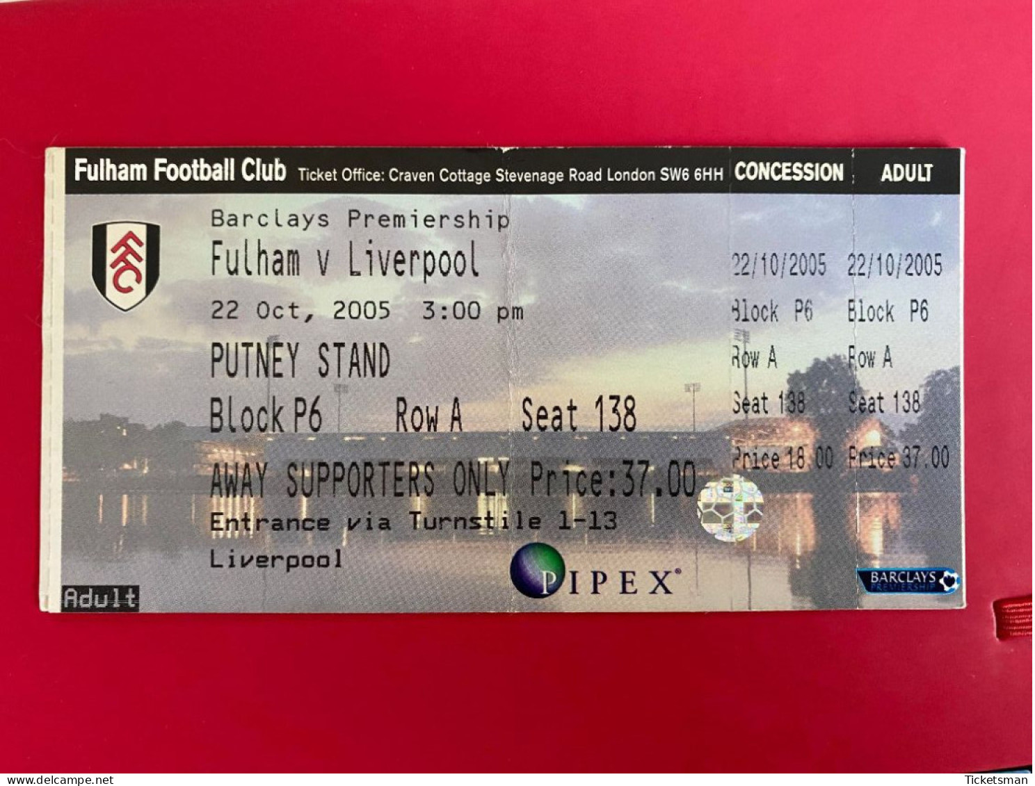 Football Ticket Billet Jegy Biglietto Eintrittskarte Fulham FC - Liverpool FC 22/10/2005 - Tickets - Vouchers