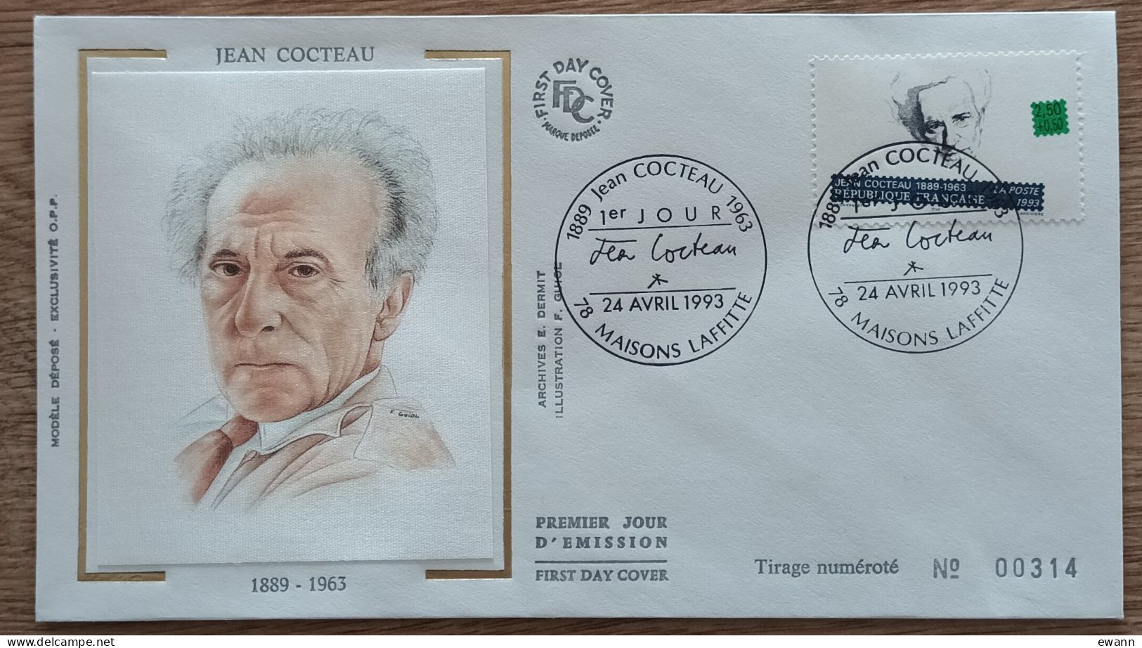 FDC 1993 - YT N°2801 - JEAN COCTEAU - MAISONS LAFFITTE - 1990-1999