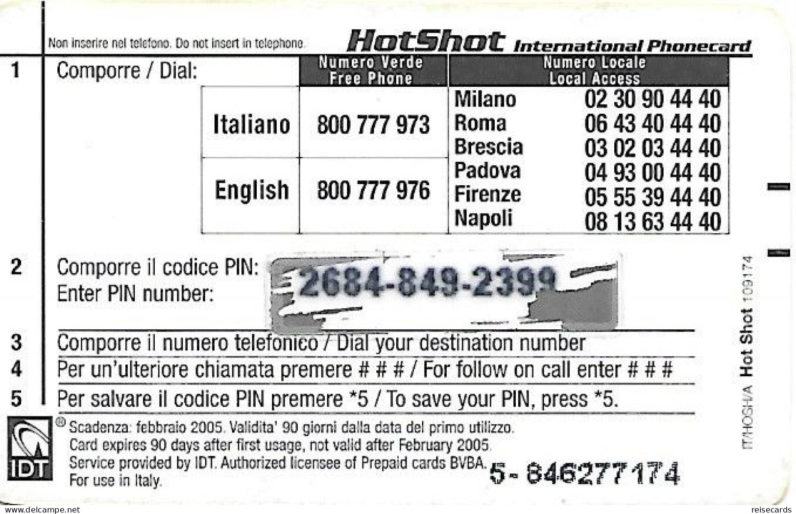 Italy: Prepaid IDT - Hot Shot 02.05 - Cartes GSM Prépayées & Recharges