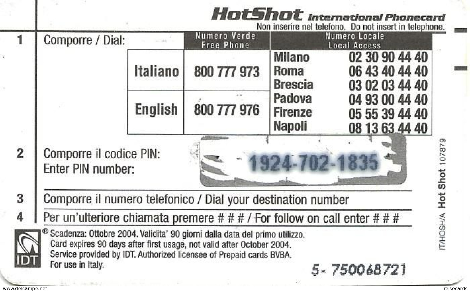 Italy: Prepaid IDT - Hot Shot 10.04 - [2] Sim Cards, Prepaid & Refills