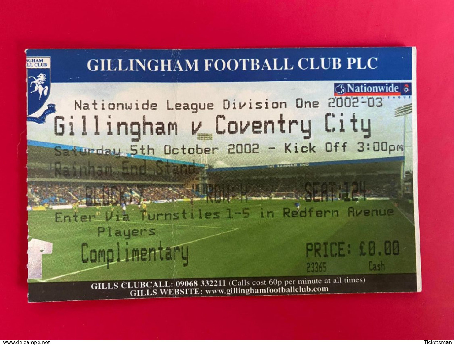 Football Ticket Billet Jegy Biglietto Eintrittskarte Gillingham FC - Coventry City 05/10/2002 - Eintrittskarten