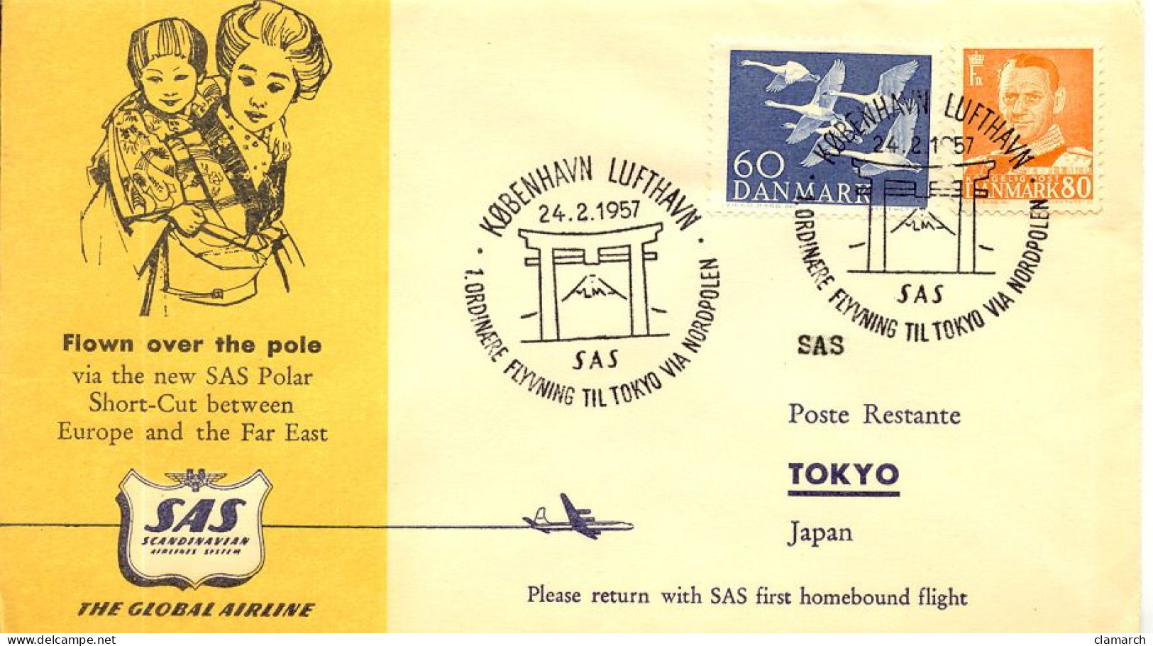 Aérophilatélie-Flown Over The Pole Via The New SAS Polar Short-Cut Between Europe And The Far East-cachet De Copenhague - Primeros Vuelos