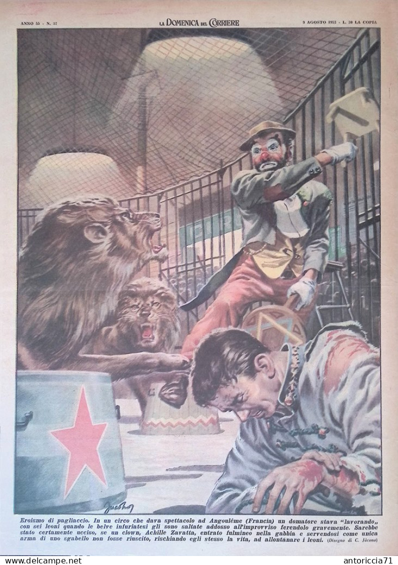 Retrocopertina Domenica Del Corriere Nr. 32 Del 1953 Eroismo Clown Circo Francia - Otros & Sin Clasificación