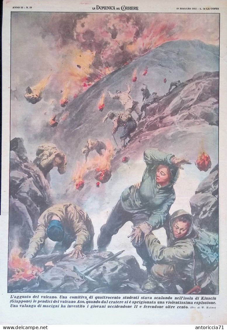 Retrocopertina Domenica Del Corriere Nr. 19 Del 1953 Isola Kiusciu Vulcano Aso  - Sonstige & Ohne Zuordnung