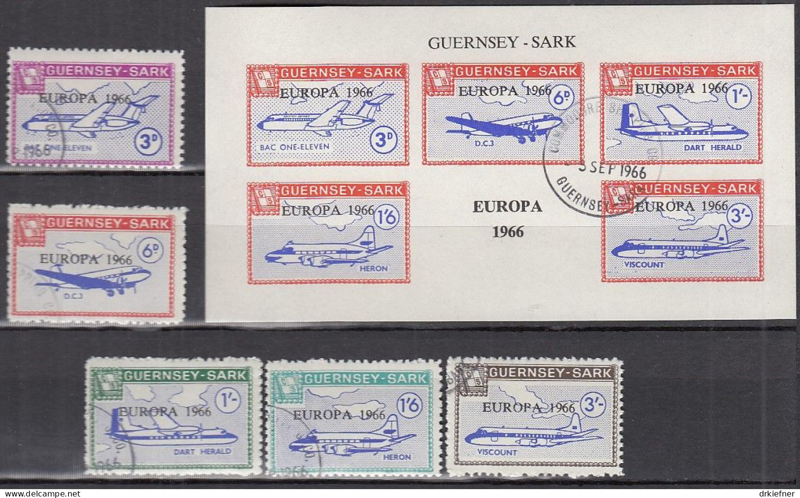 INSEL SARK (Guernsey), Nichtamtl. Briefmarken, 1 Block + 5 Marken, Gestempelt, Europa 1966, Flugzeuge, Luftfahrt - Guernesey