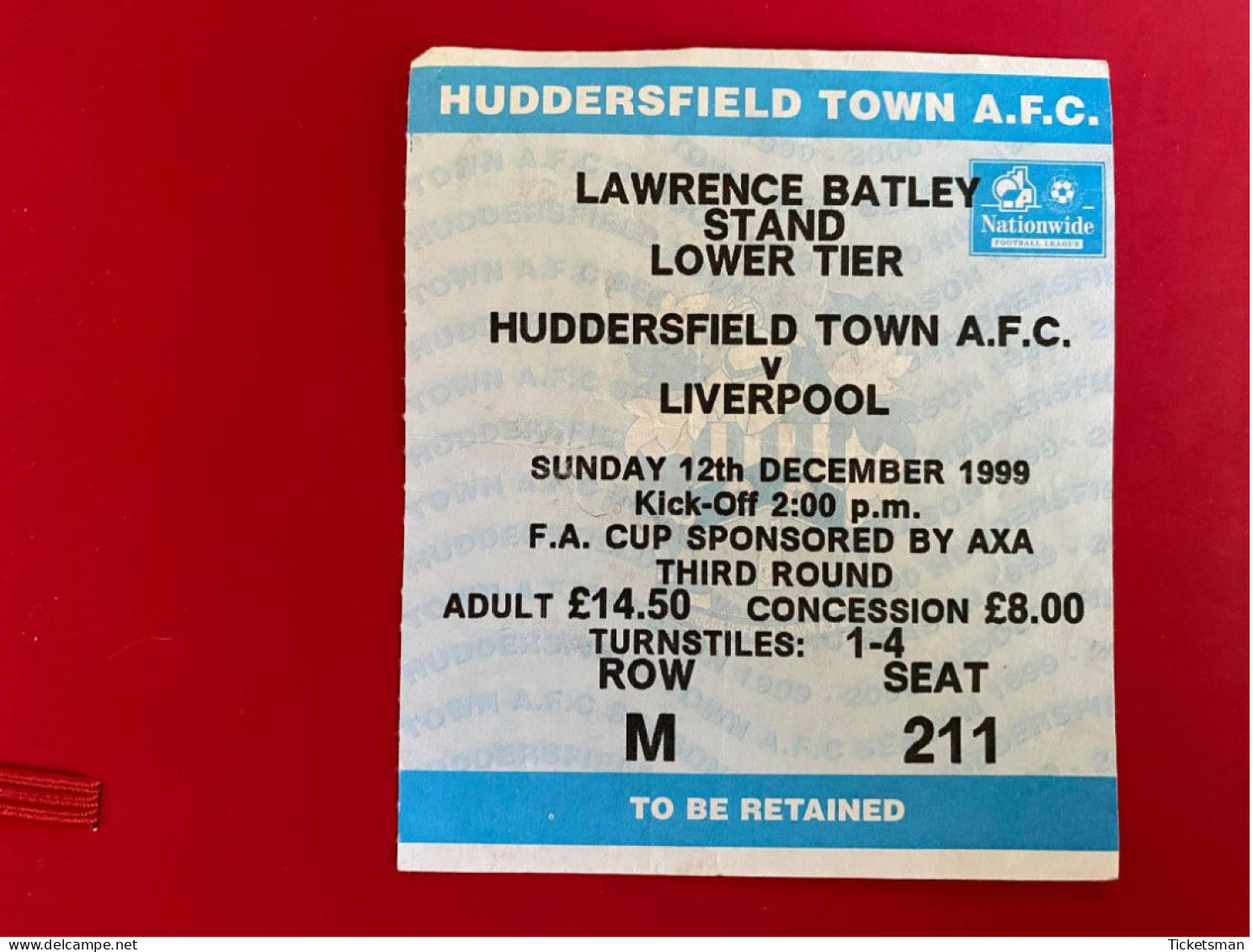 Football Ticket Billet Jegy Biglietto Eintrittskarte Huddersfield Town - Liverpool FC 12/09/1999 - Biglietti D'ingresso