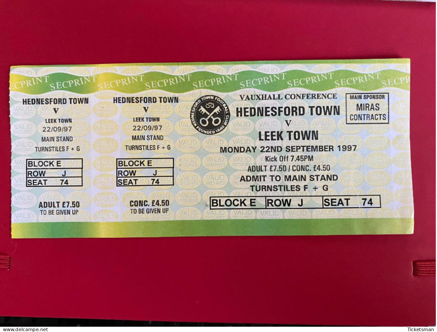 Football Ticket Billet Jegy Biglietto Eintrittskarte Hednesford Town - Leek Town 22/09/1997 - Biglietti D'ingresso