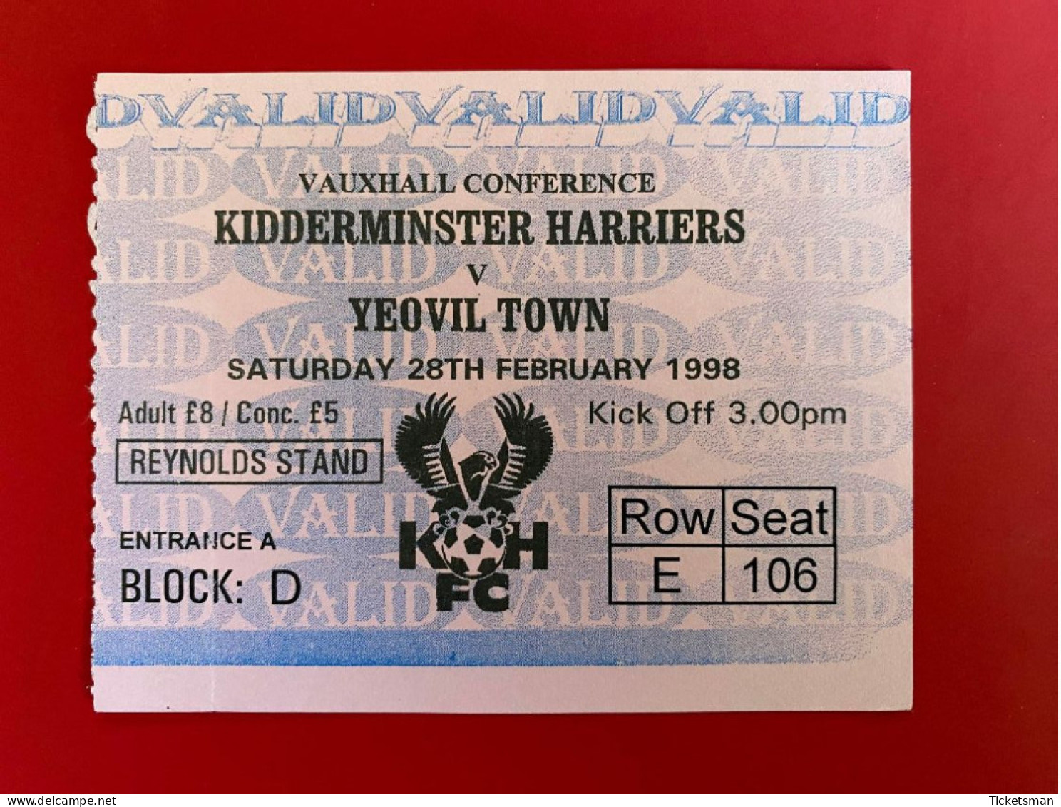 Football Ticket Billet Jegy Biglietto Eintrittskarte Kidderminster Harriers - Yeovil Town 28/02/1998 - Tickets - Vouchers