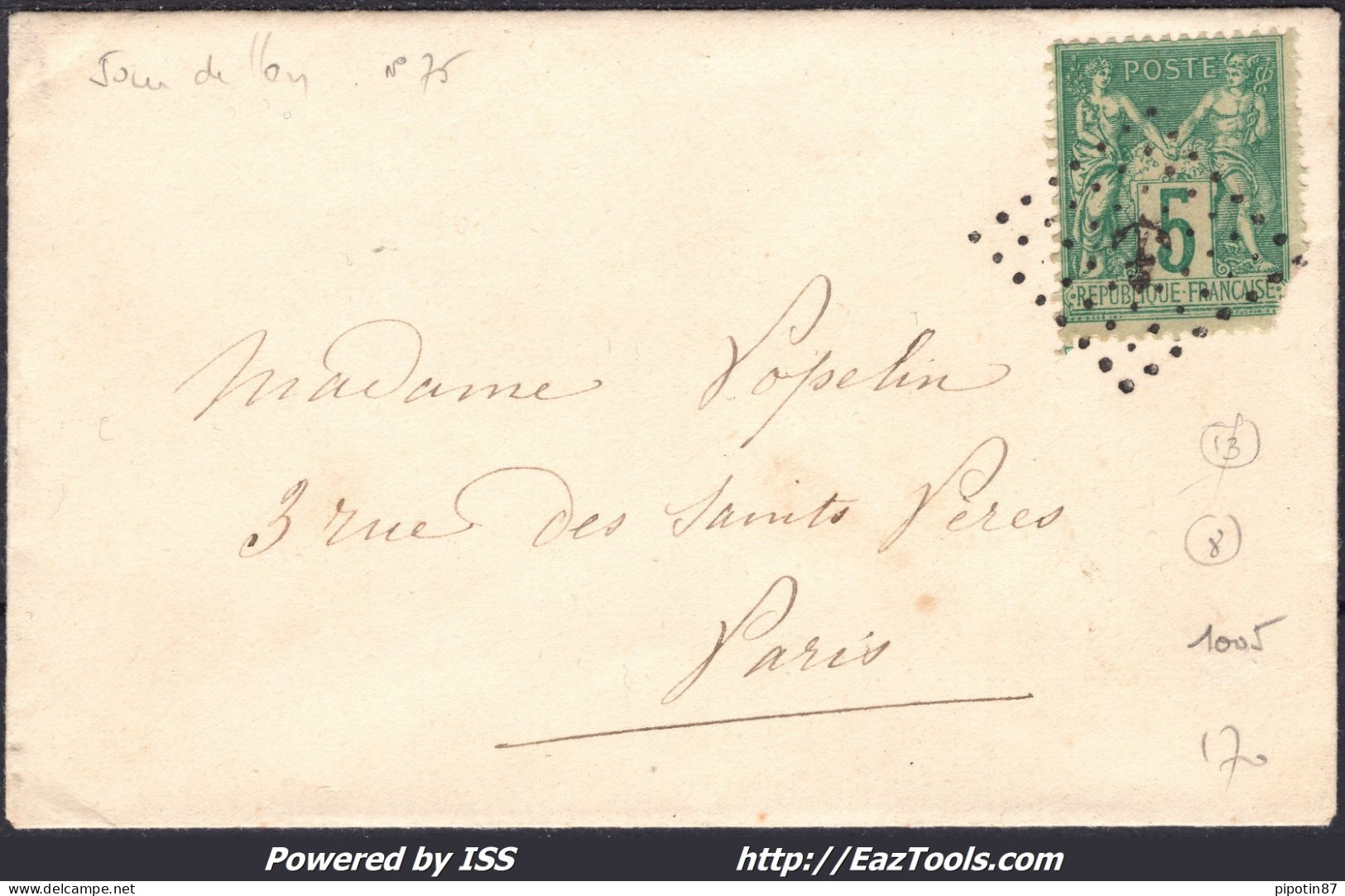 FRANCE N° 75 SUR LETTRE POUR PARIS AVEC CACHET JOUR DE L'AN ANCRE NOIRE A VOIR - 1876-1898 Sage (Type II)