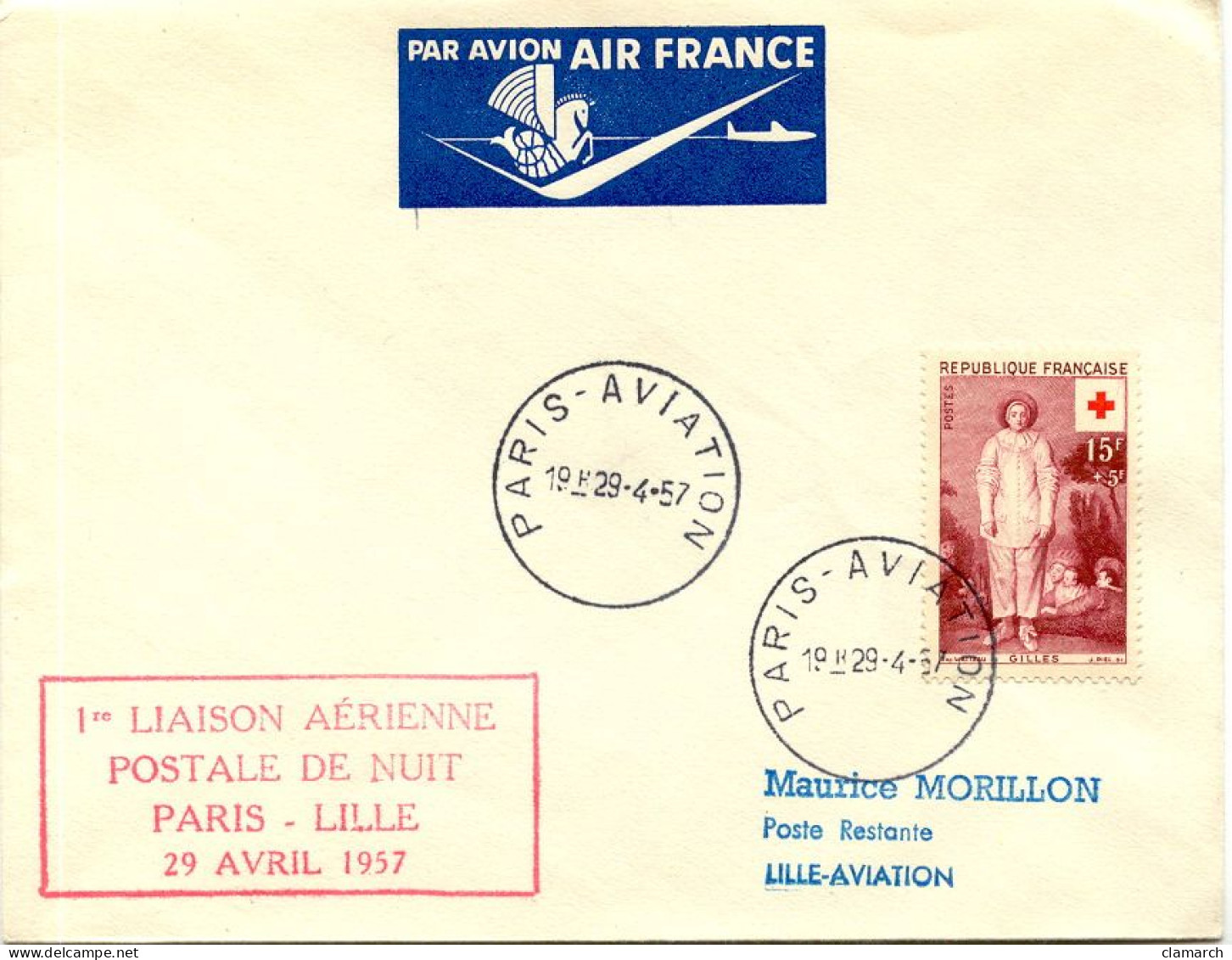 Aérophilatélie-1ère Liaison Aérienne Postale De Nuit PARIS-LILLE 29 Avril 1957 Par Air-France-cachet De Paris Du 29.04.5 - Premiers Vols