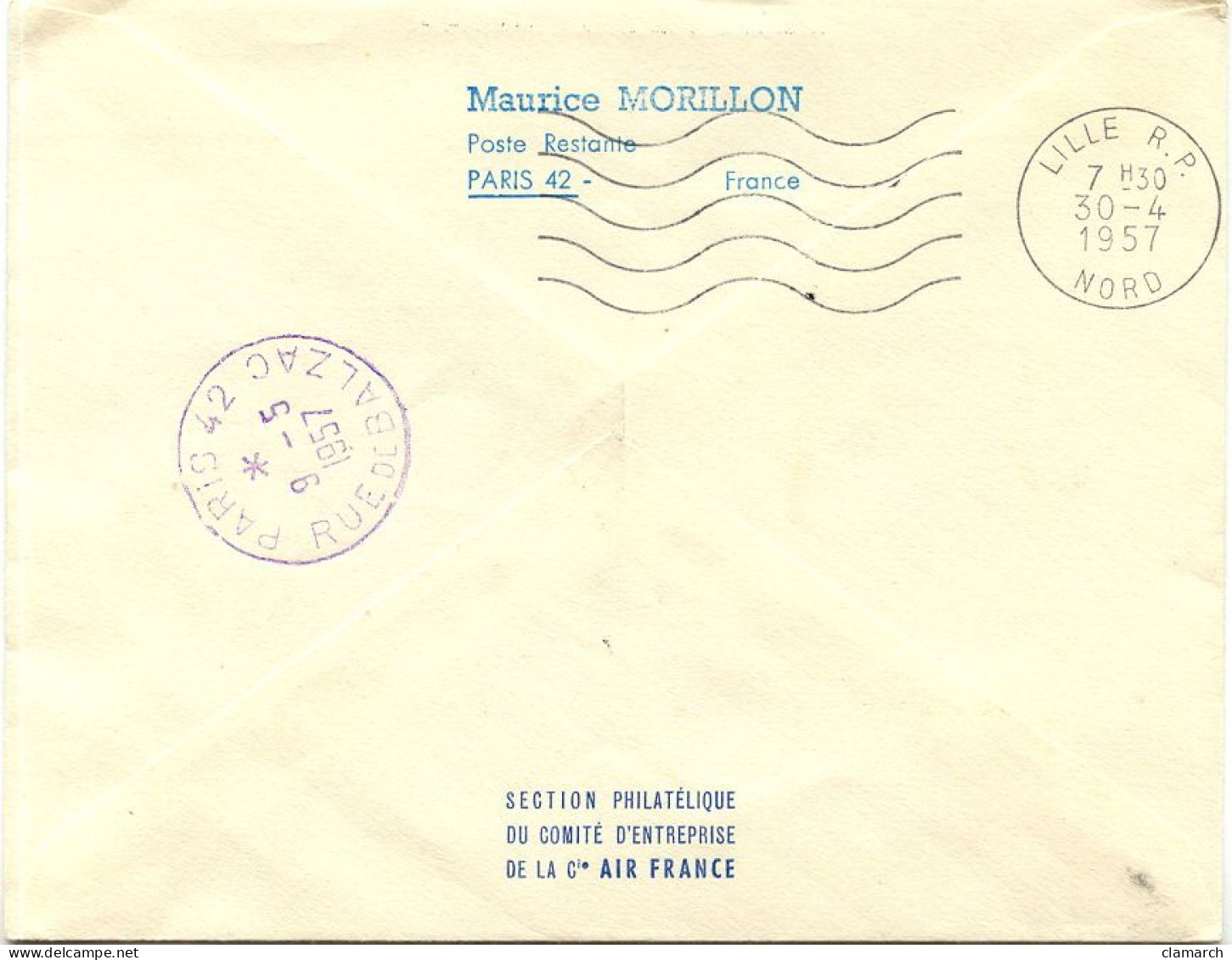 Aérophilatélie-1ère Liaison Aérienne Postale De Nuit PARIS-LILLE 29 Avril 1957 Par Air-France-cachet De Paris Du 29.04.5 - Premiers Vols