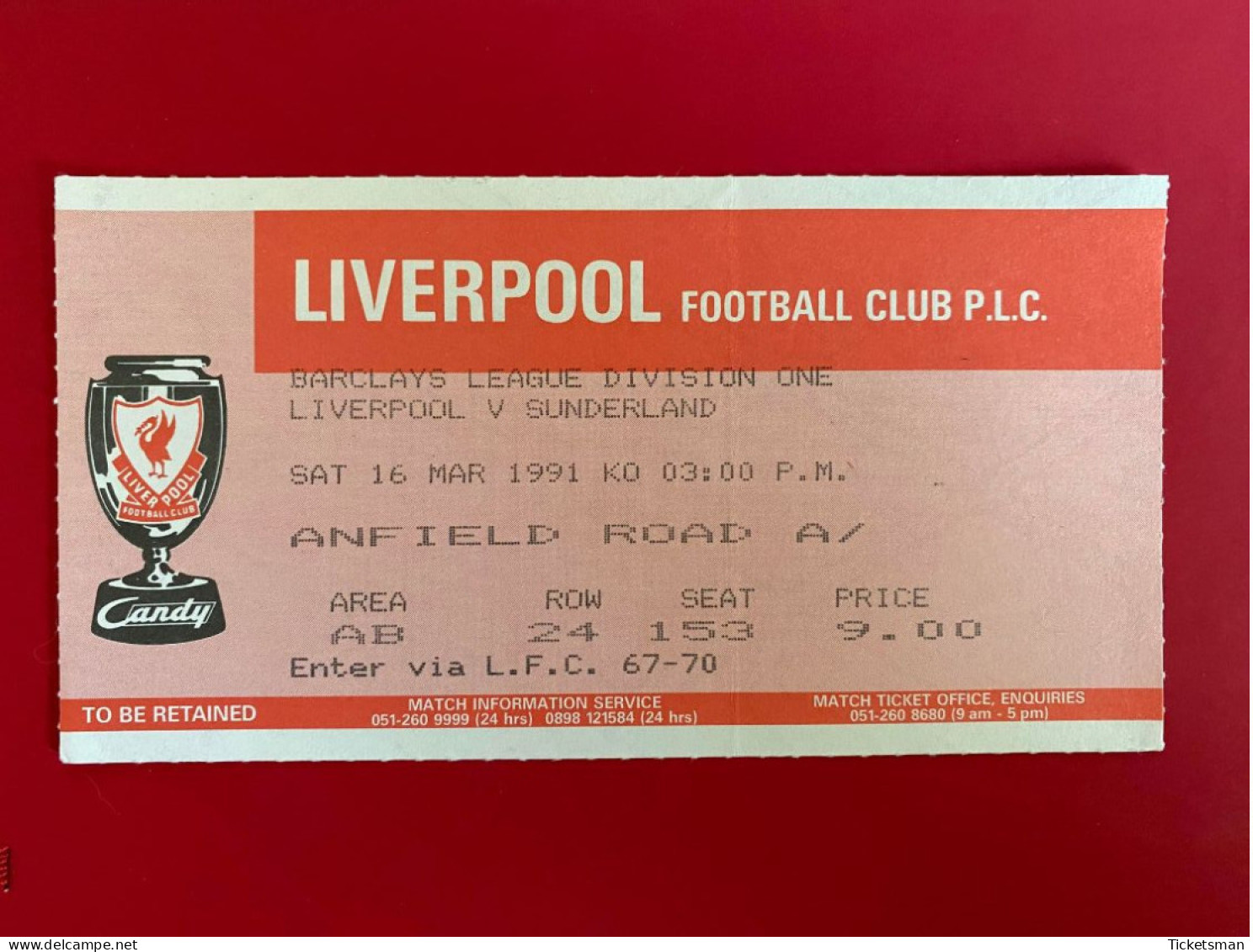 Football Ticket Billet Jegy Biglietto Eintrittskarte Liverpool FC - Sunderland 16/03/1991 - Tickets D'entrée