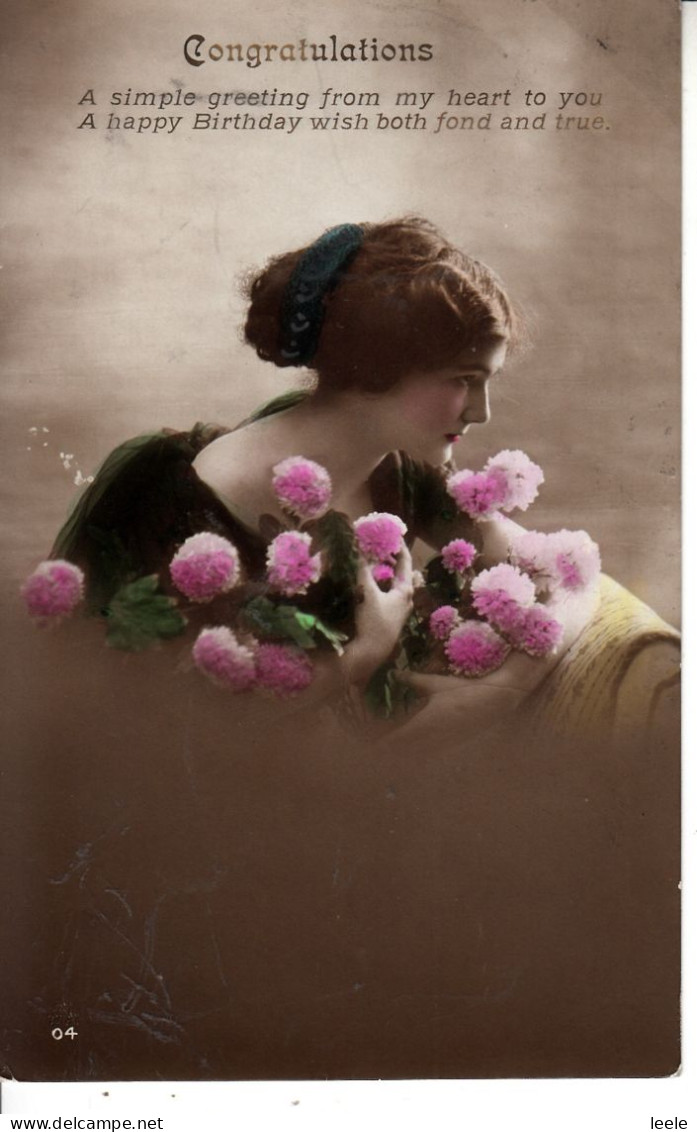 C48. Antique Tinted Greetings Postcard.  Lady With Pink Flowers. - Femmes