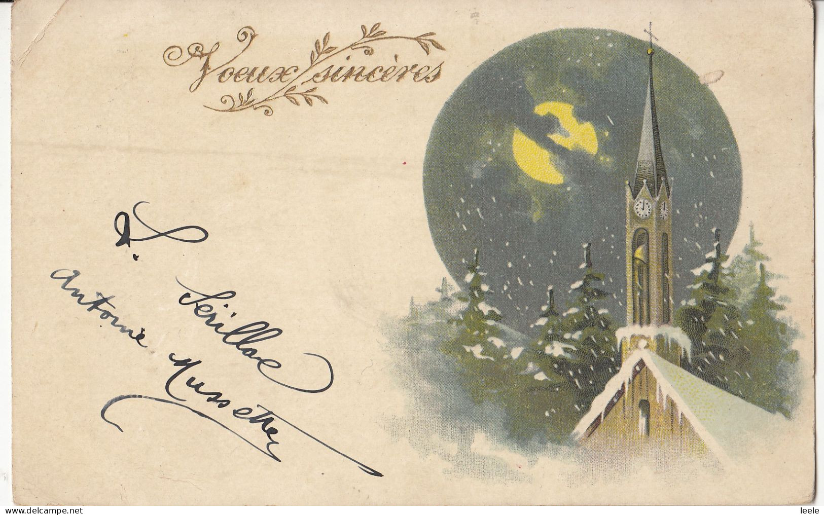 C59. Vintage French Greetings Postcard. Snowy Night Scene Of Church Steeple. - Andere & Zonder Classificatie