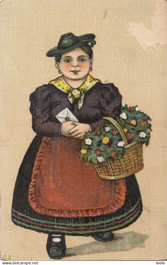 C17. Vintage Postcard. Drawing Of A Lady With A Letter And Basket Of Flowers - Women