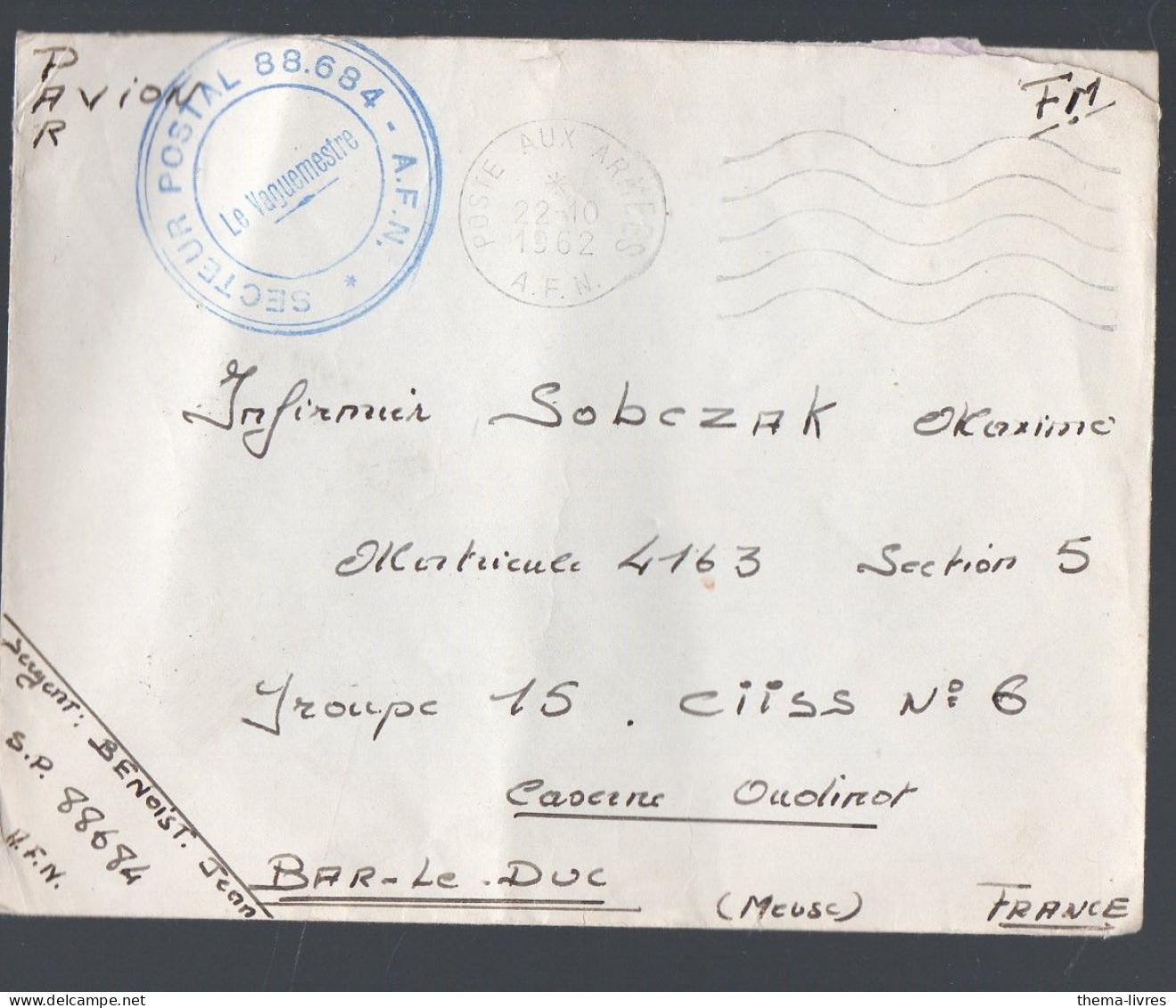 Enverloppe FM Avec Cachet  Secteur Postal 88.684 AFN    1962   (PPP47277) - Storia Postale