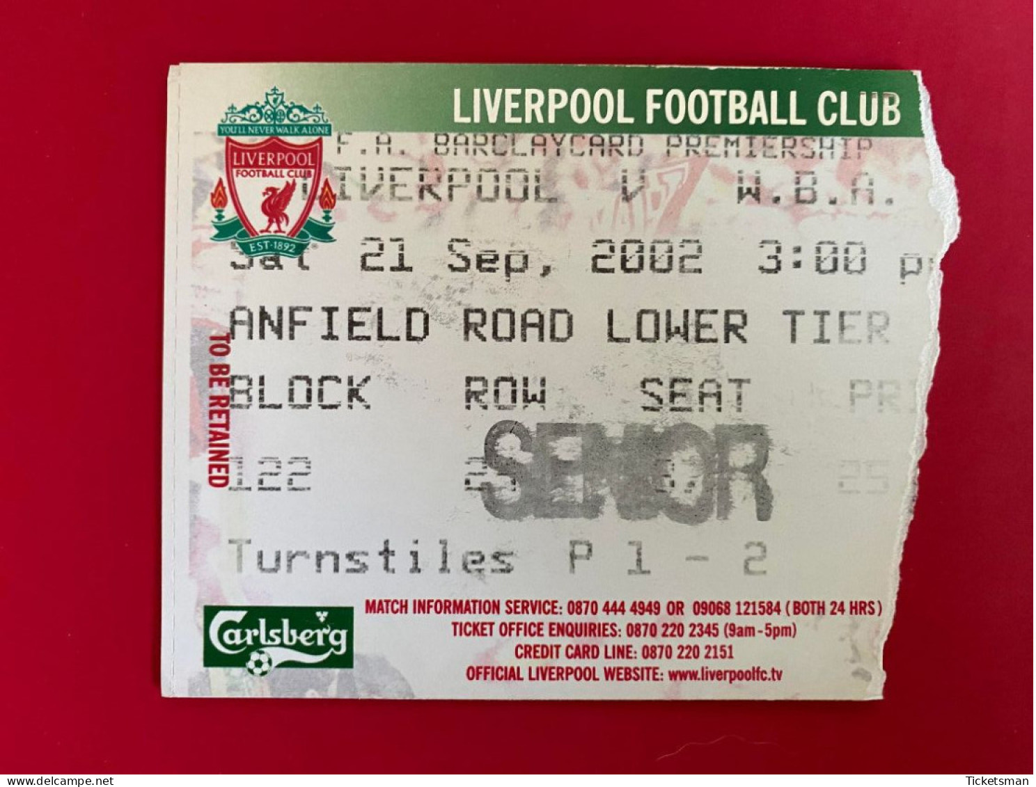 Football Ticket Billet Jegy Biglietto Eintrittskarte Liverpool FC - W.B.A. 21/09/2002 - Biglietti D'ingresso